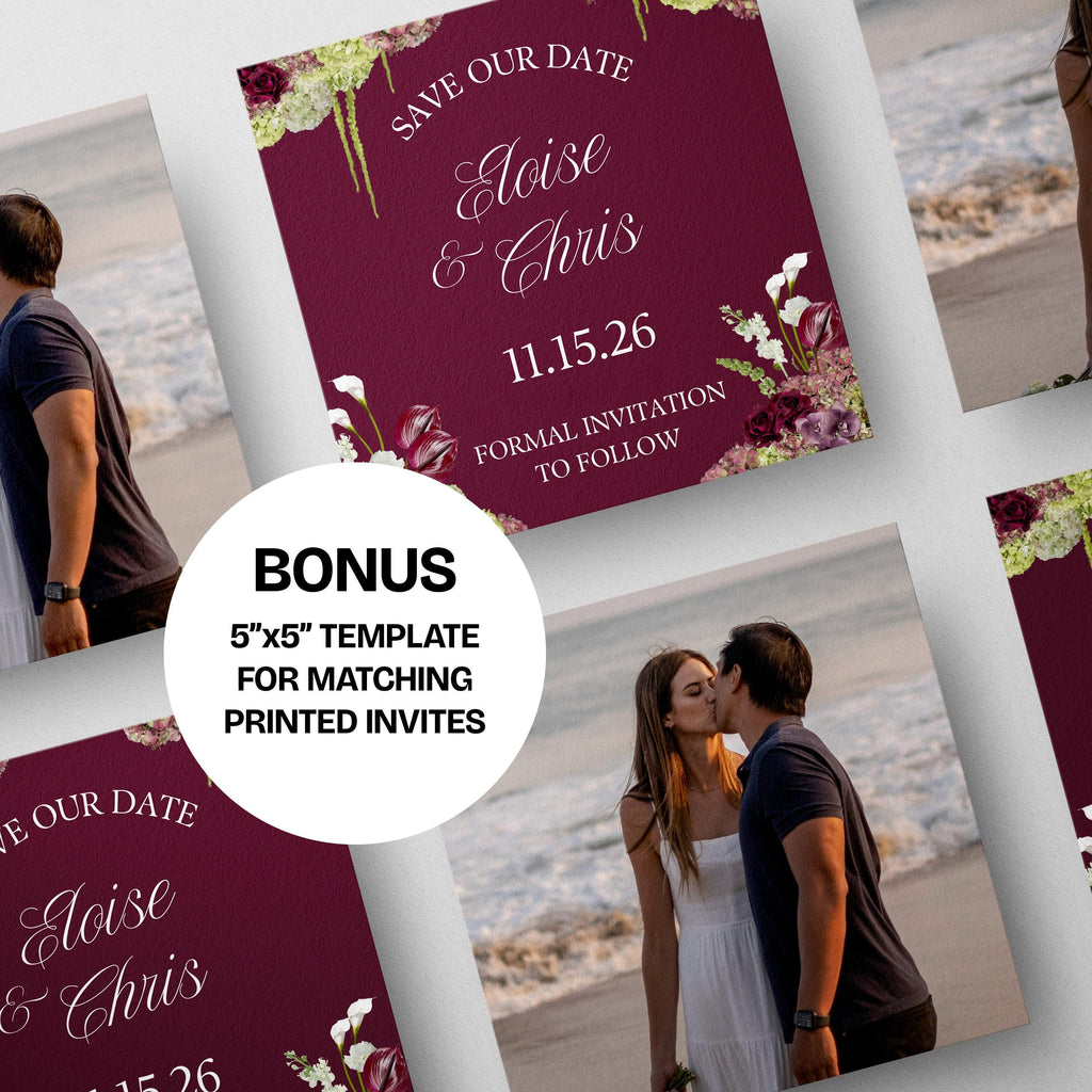 Burgundy, Green and Pink Save the Date Website: Canva Digital Invitation Template (Instant Download)