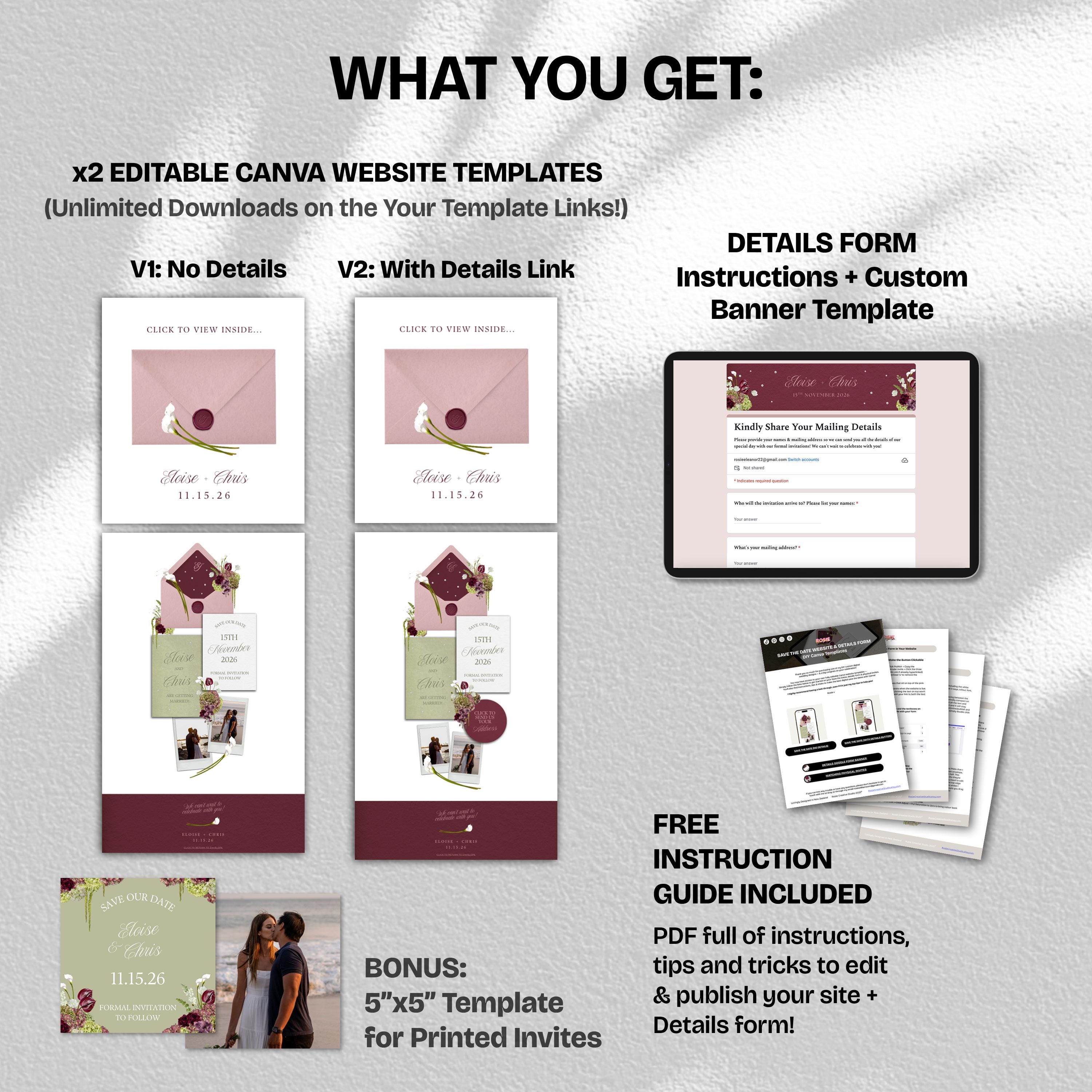 Burgundy, Green and Pink Save the Date Website: Canva Digital Invitation Template (Instant Download)