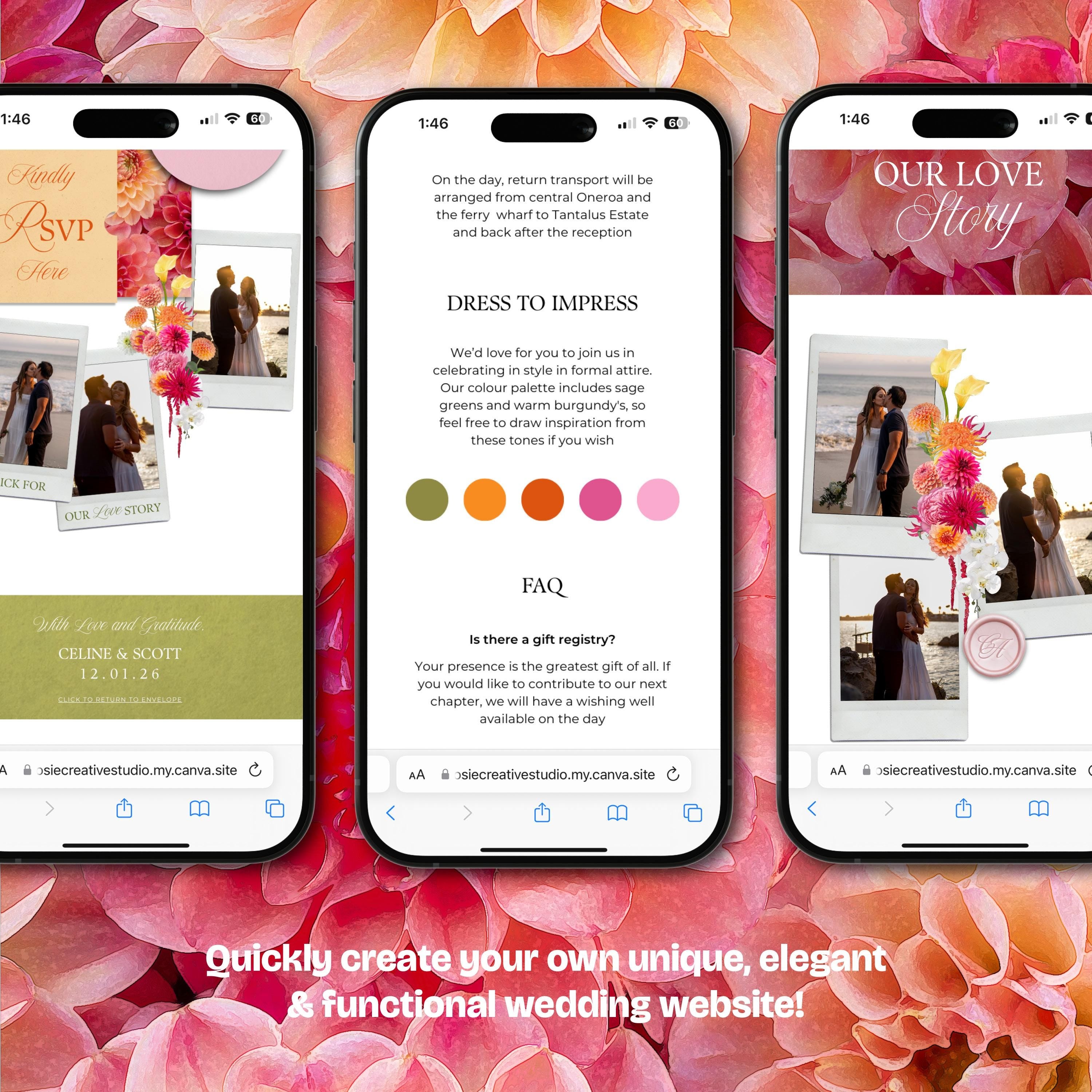 Bright Pink, Orange & Green Wedding Website Template with RSVP: Editable Canva Design (Digital Download)