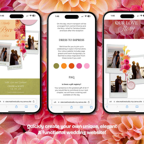 Bright Pink, Orange & Green Wedding Website Template with RSVP: Editable Canva Design (Digital Download)