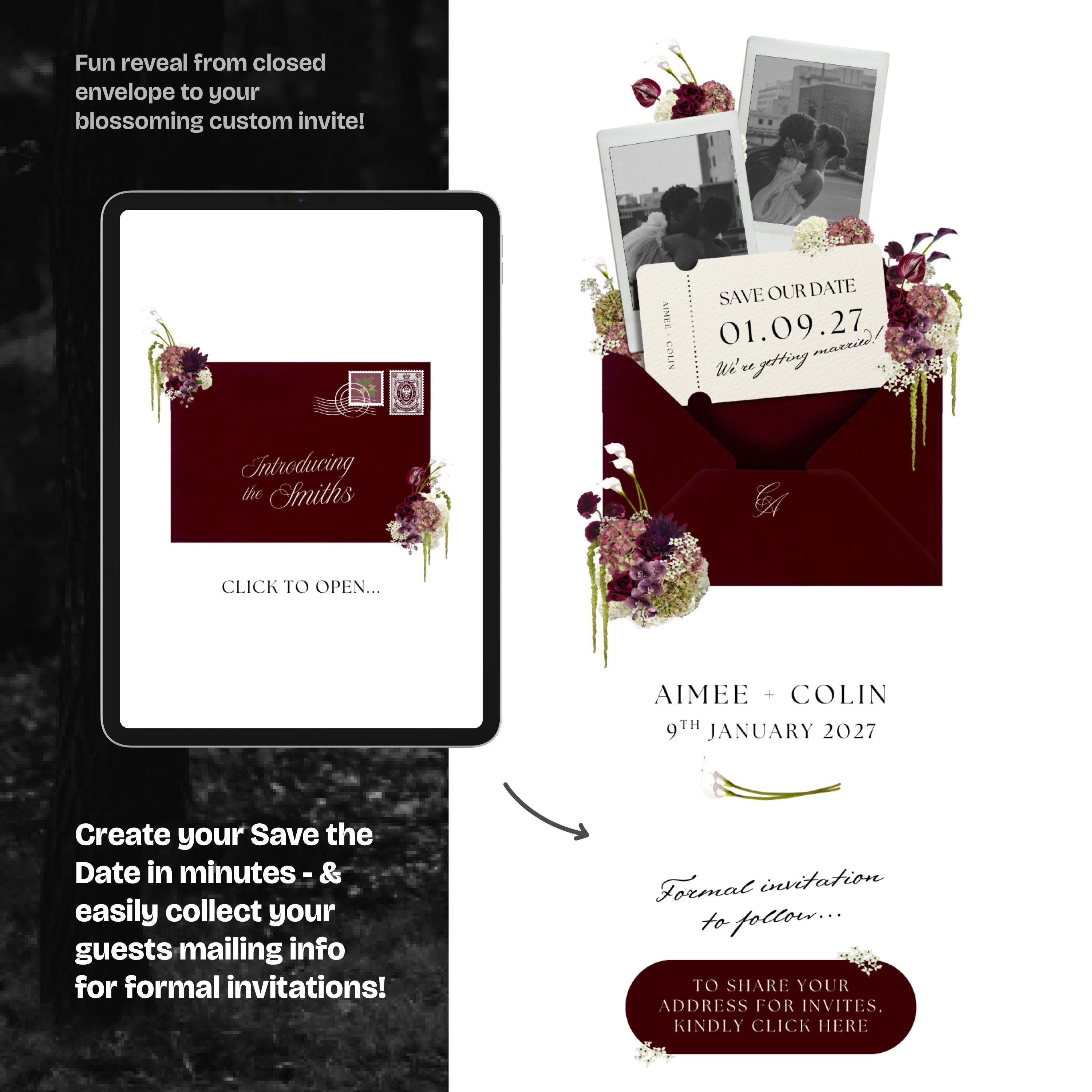 Burgundy Save the Date Website with RSVP/Details: Canva Digital Invitation Template (Digital Download)