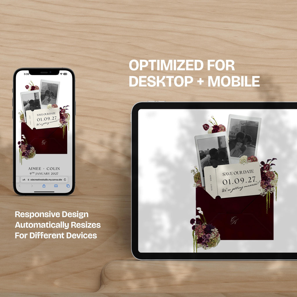 Burgundy Save the Date Website with RSVP/Details: Canva Digital Invitation Template (Digital Download)