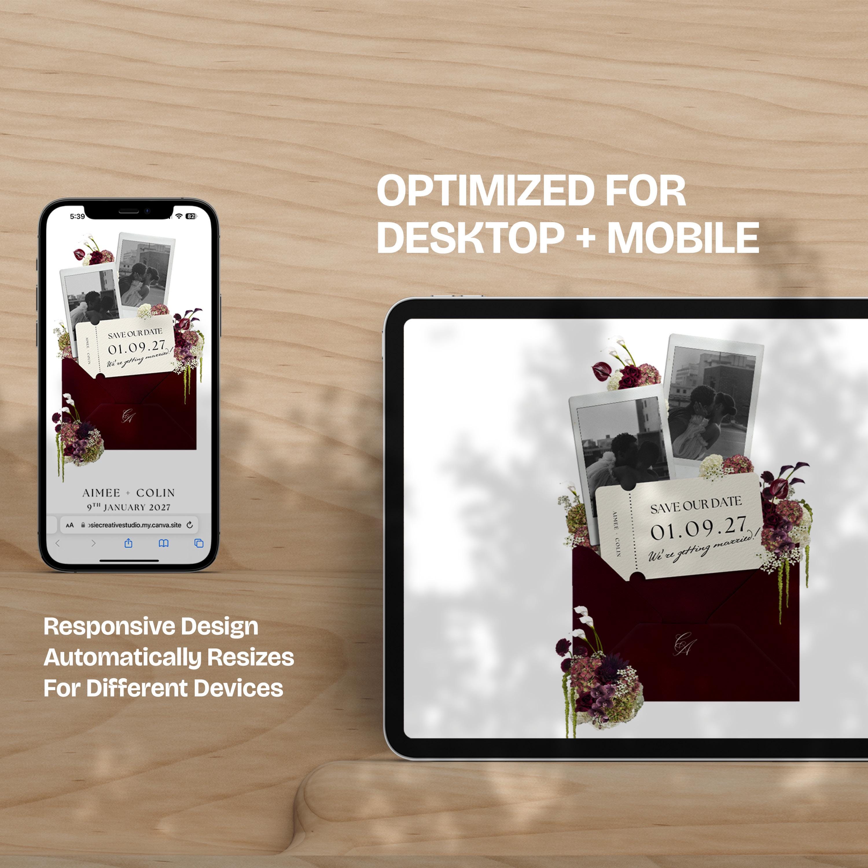 Burgundy Save the Date Website with RSVP/Details: Canva Digital Invitation Template (Digital Download)