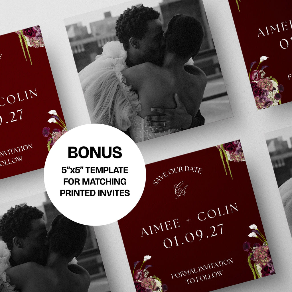 Burgundy Save the Date Website with RSVP/Details: Canva Digital Invitation Template (Digital Download)