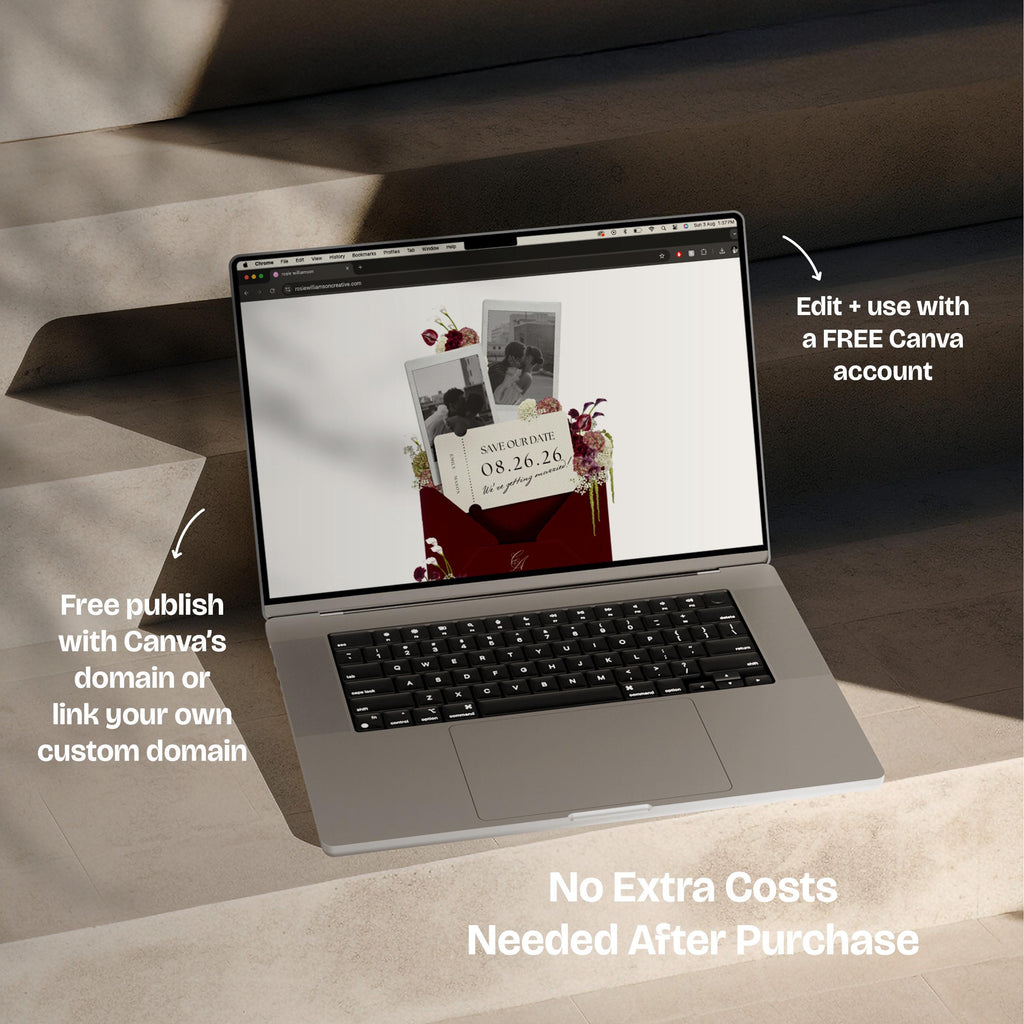 Burgundy Save the Date Website with RSVP/Details: Canva Digital Invitation Template (Digital Download)