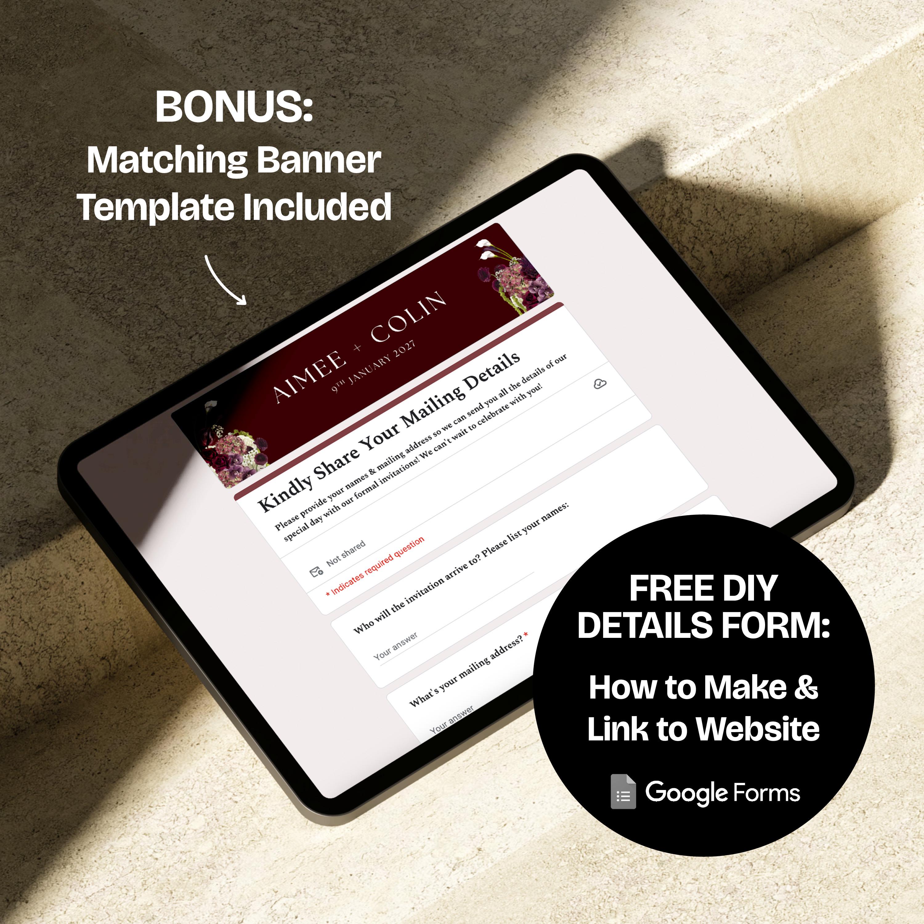 Burgundy Save the Date Website with RSVP/Details: Canva Digital Invitation Template (Digital Download)