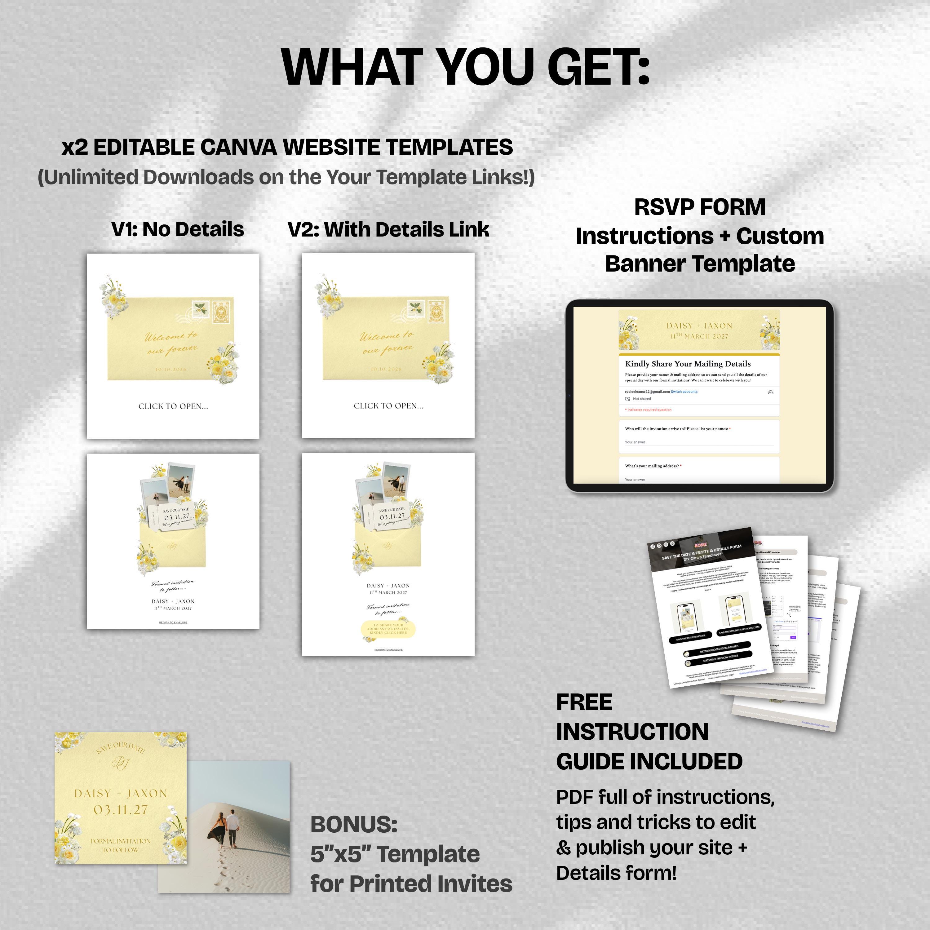 Yellow Save the Date Website with RSVP/Details: Canva Digital Invitation Template (Digital Download)