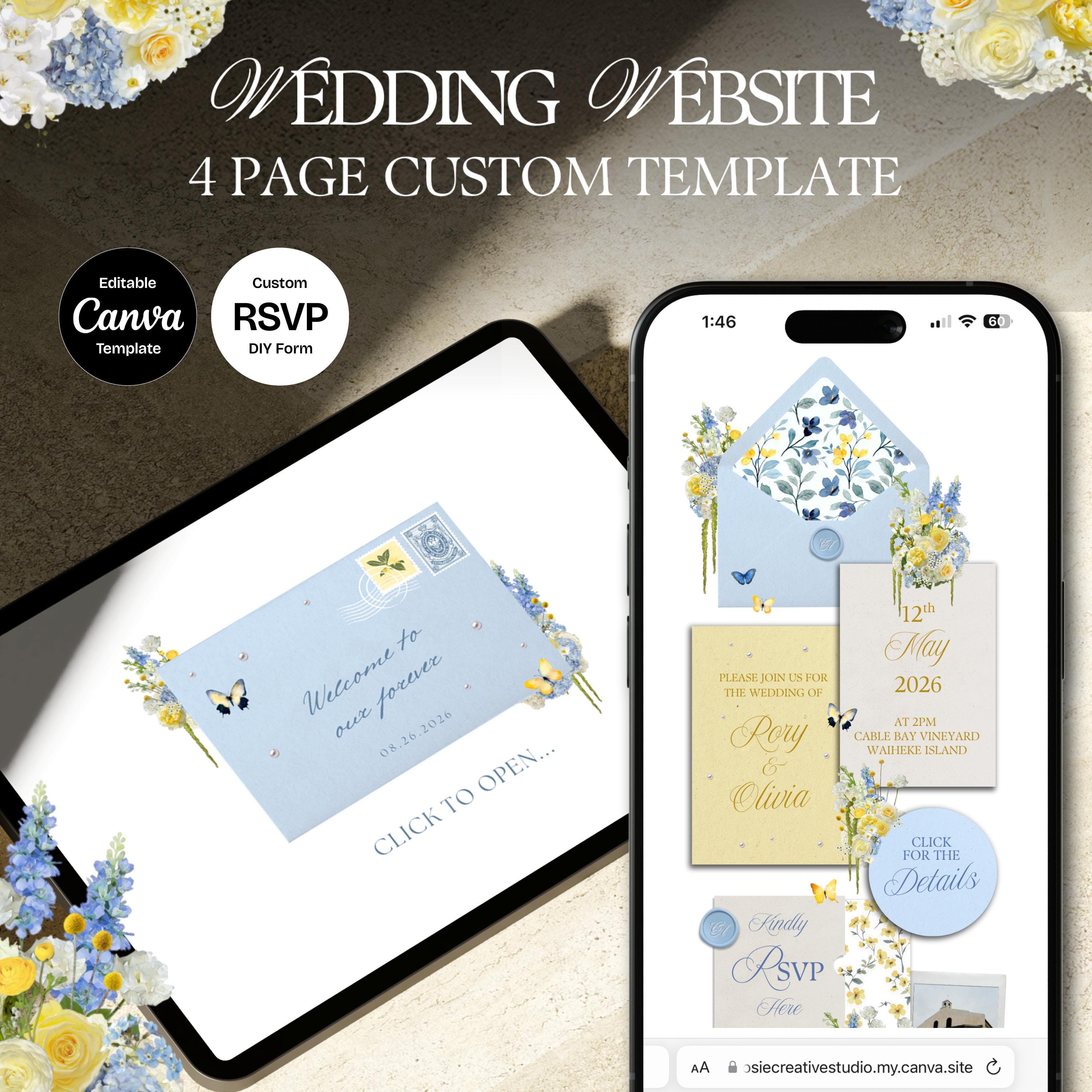 Blue & Yellow Wedding Website Template with RSVP: Editable Canva Design (Digital Download)