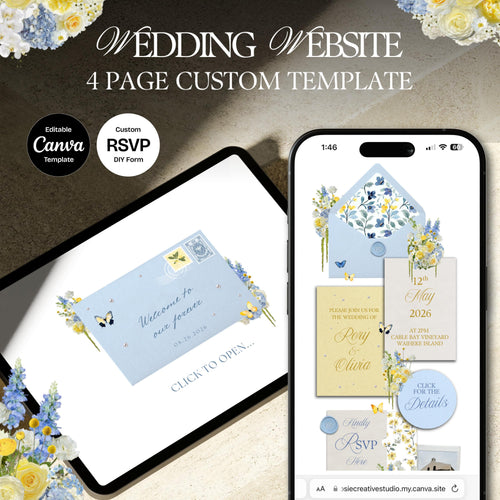 Blue & Yellow Wedding Website Template with RSVP: Editable Canva Design (Digital Download)