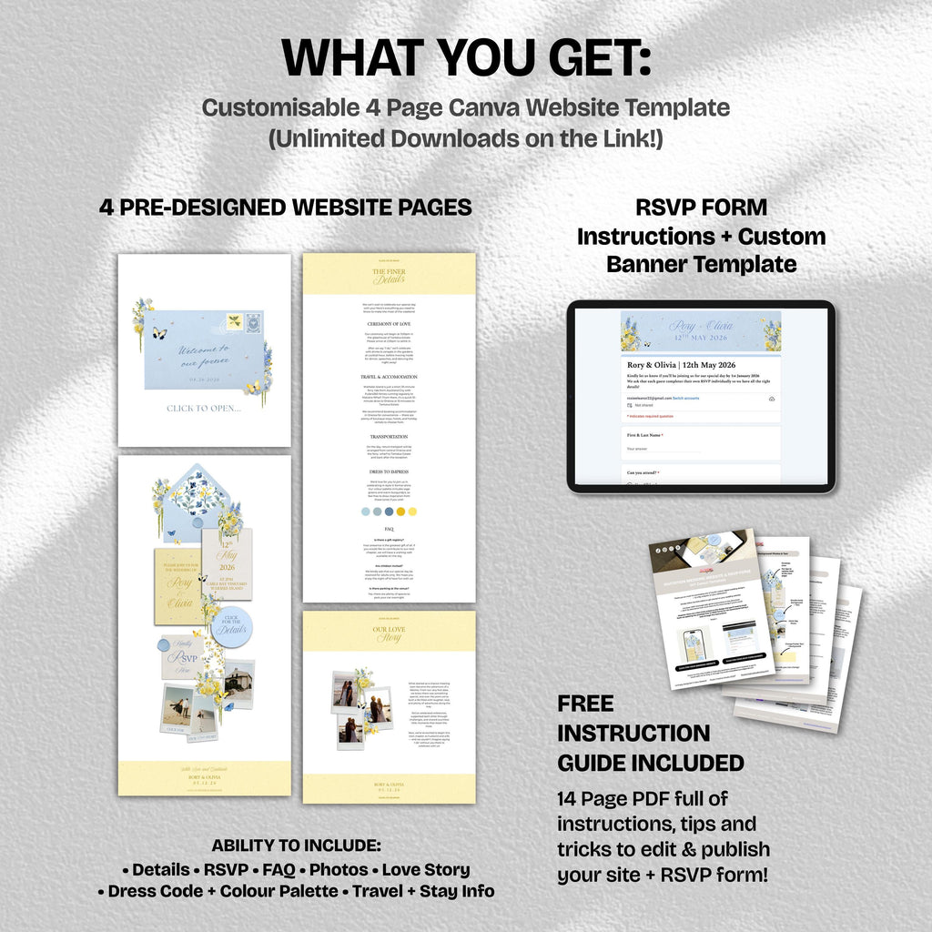 Blue & Yellow Wedding Website Template with RSVP: Editable Canva Design (Digital Download)