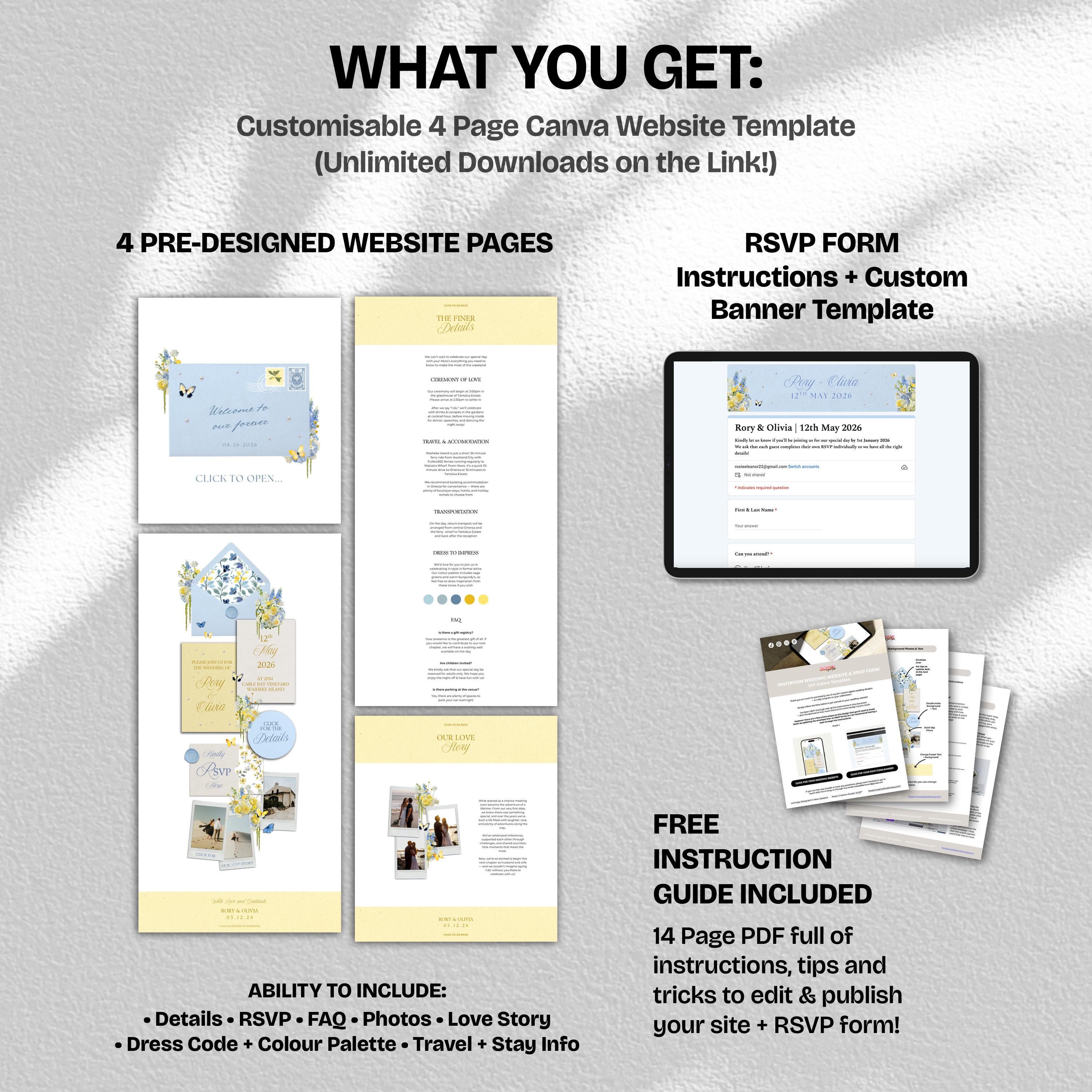 Blue & Yellow Wedding Website Template with RSVP: Editable Canva Design (Digital Download)