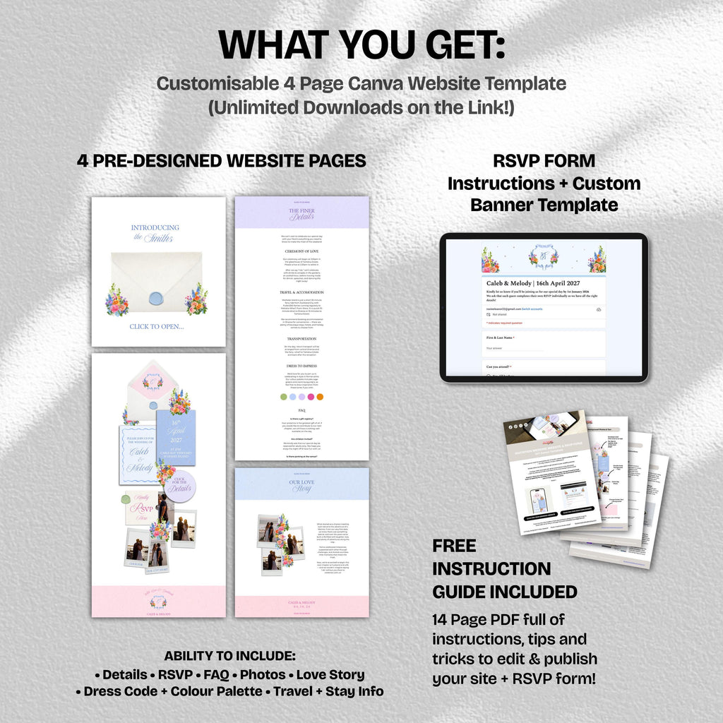 Bright Spring Wedding Website Template with RSVP: Editable Canva Design (Digital Download)