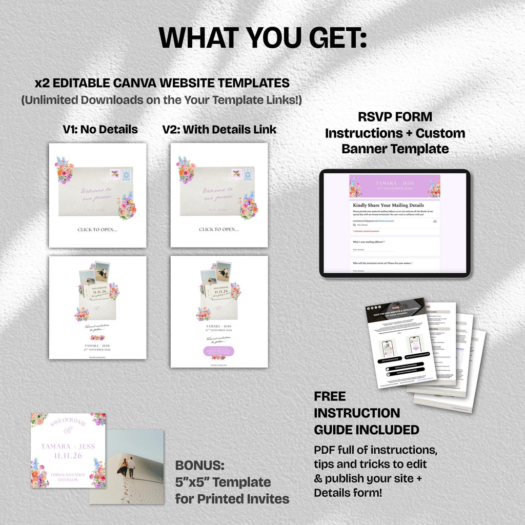 Wildflower Pastels Save the Date Website with RSVP/Details: Canva Digital Invitation Template (Digital Download)