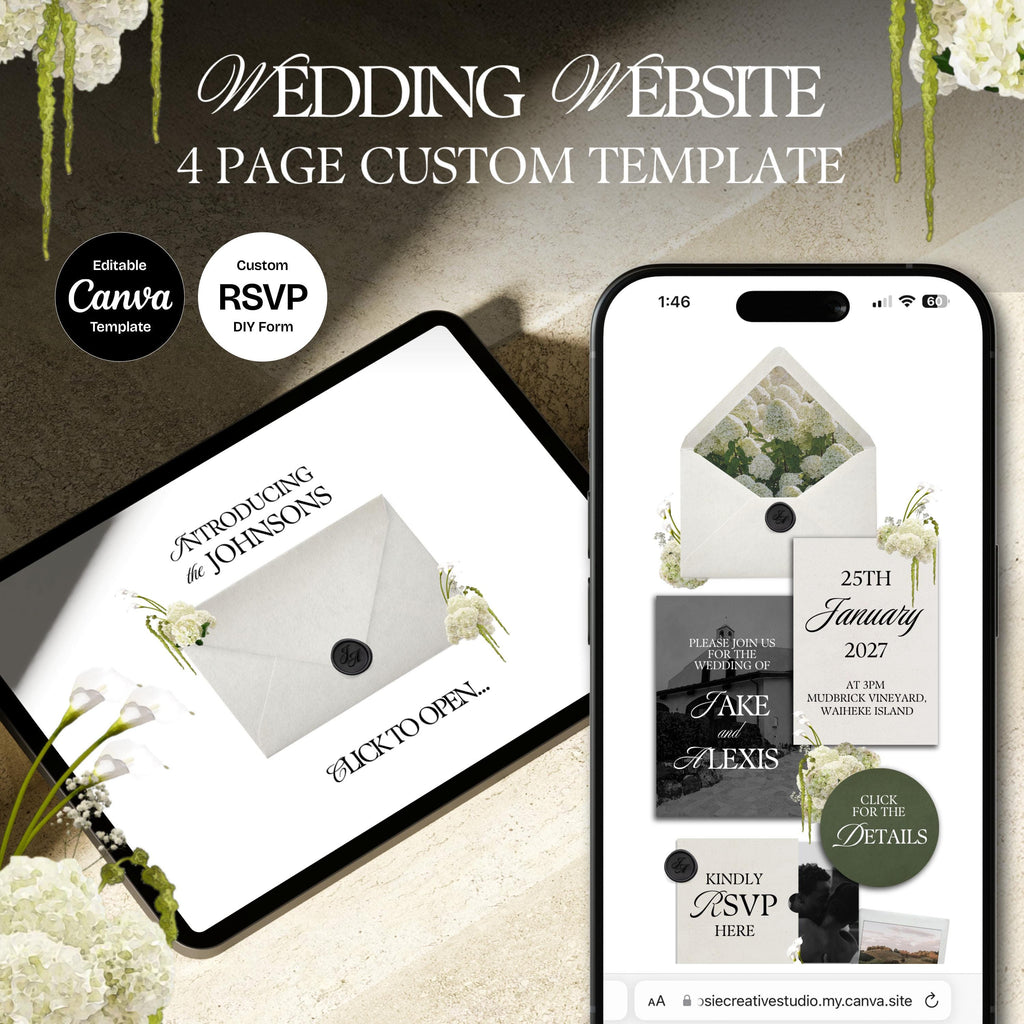 Ivory Black & Green Floral Wedding Website Template with RSVP: Editable Canva Design (Digital Download)