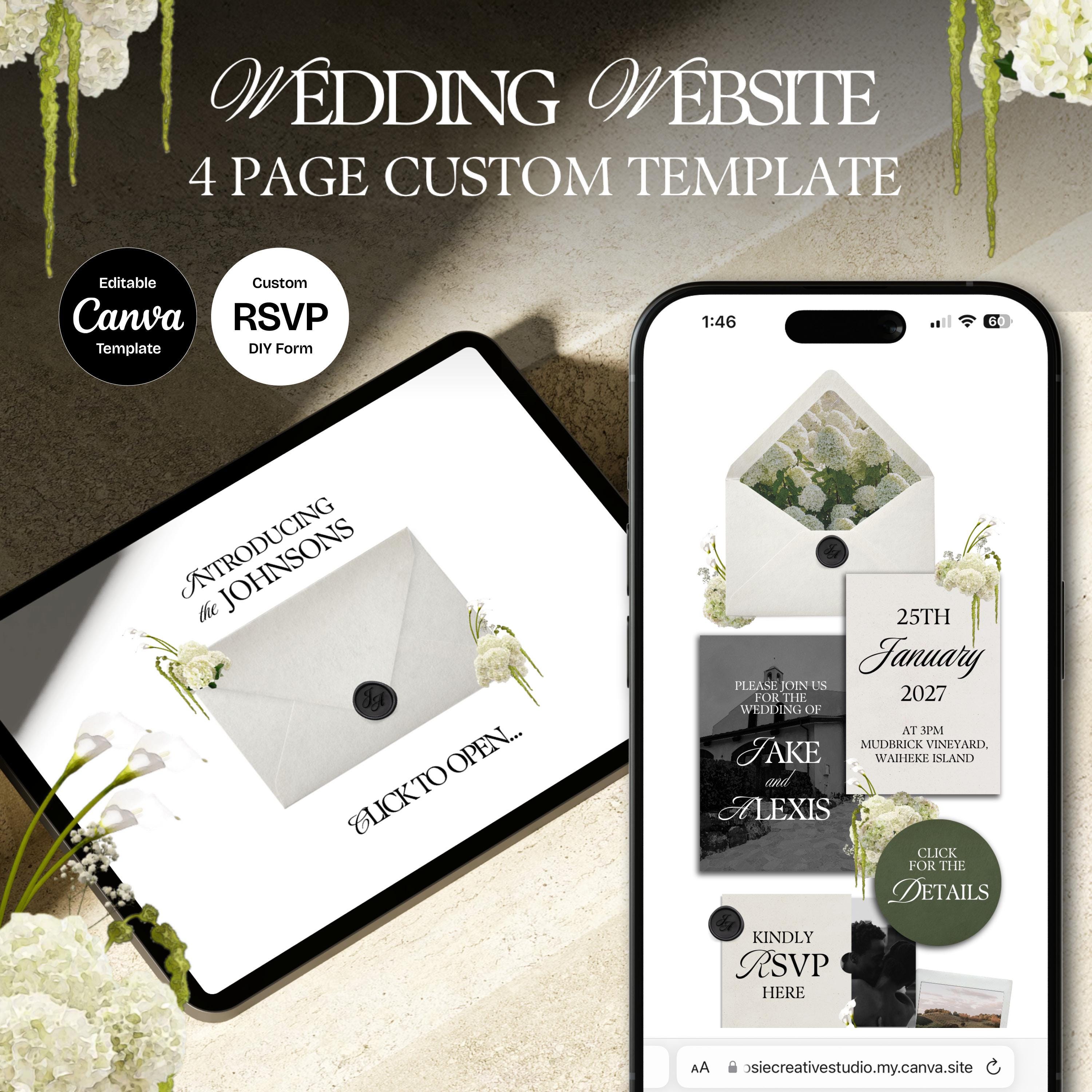 Ivory Black & Green Floral Wedding Website Template with RSVP: Editable Canva Design (Digital Download)