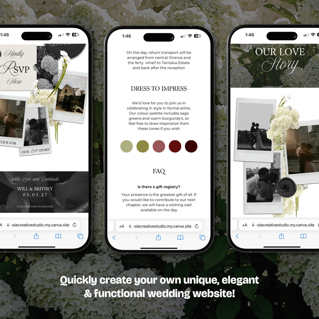 Black, White & Green Floral Wedding Website Template with RSVP: Editable Canva Design (Digital Download)