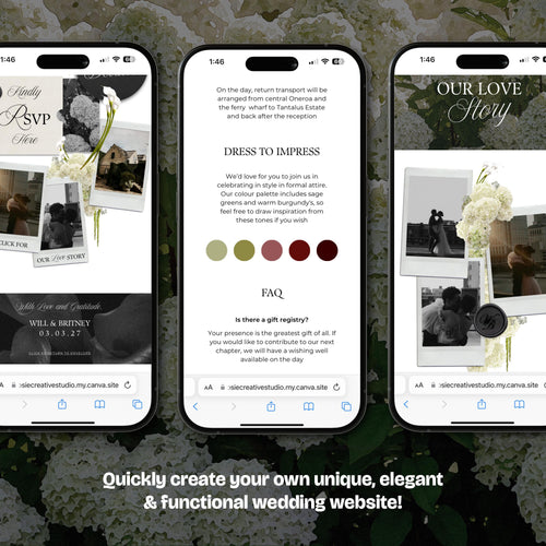 Black, White & Green Floral Wedding Website Template with RSVP: Editable Canva Design (Digital Download)