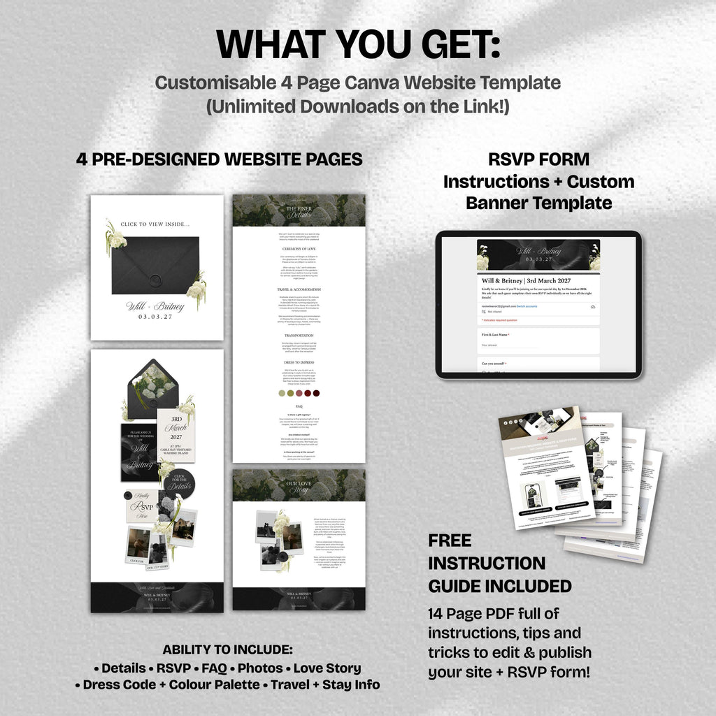 Black, White & Green Floral Wedding Website Template with RSVP: Editable Canva Design (Digital Download)