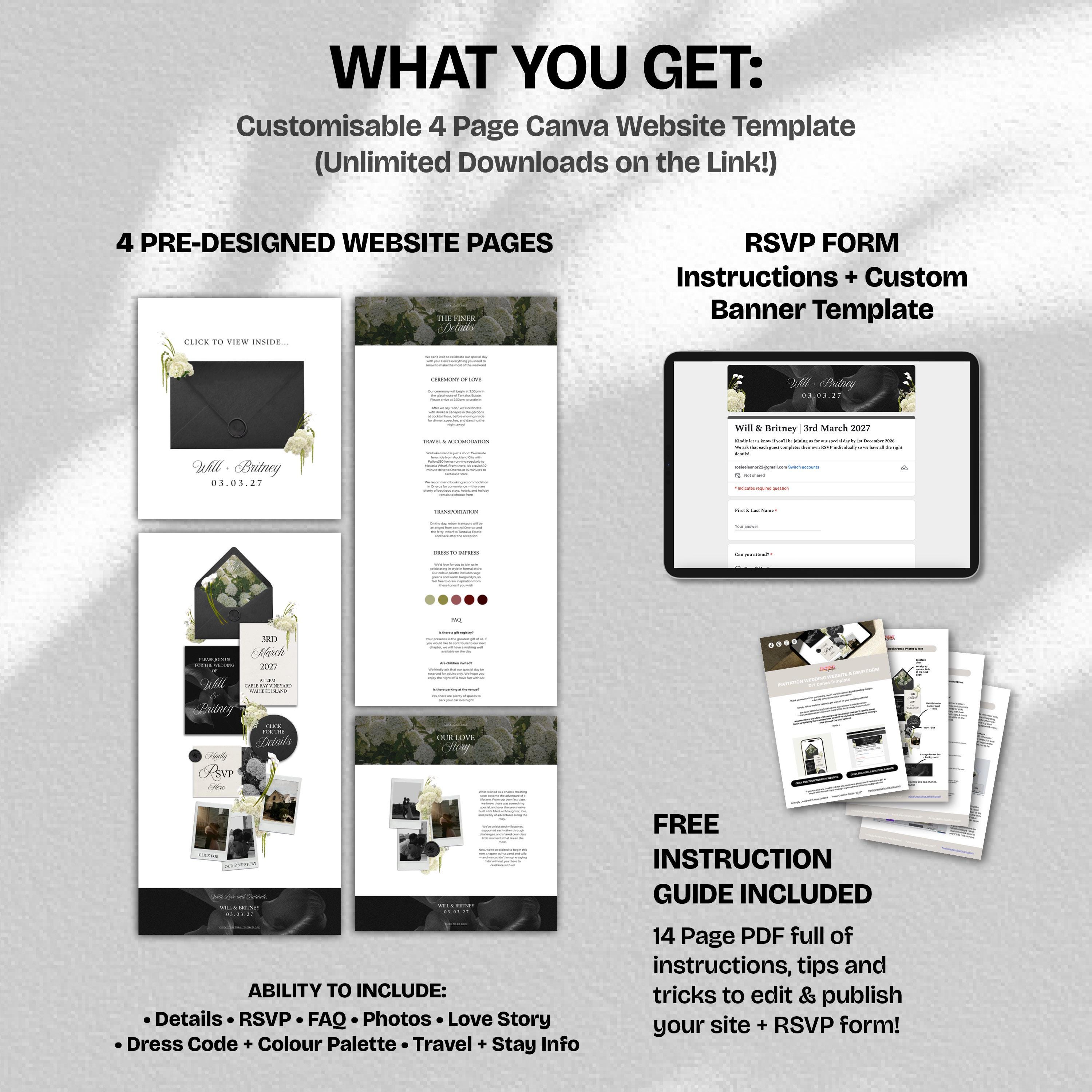 Black, White & Green Floral Wedding Website Template with RSVP: Editable Canva Design (Digital Download)