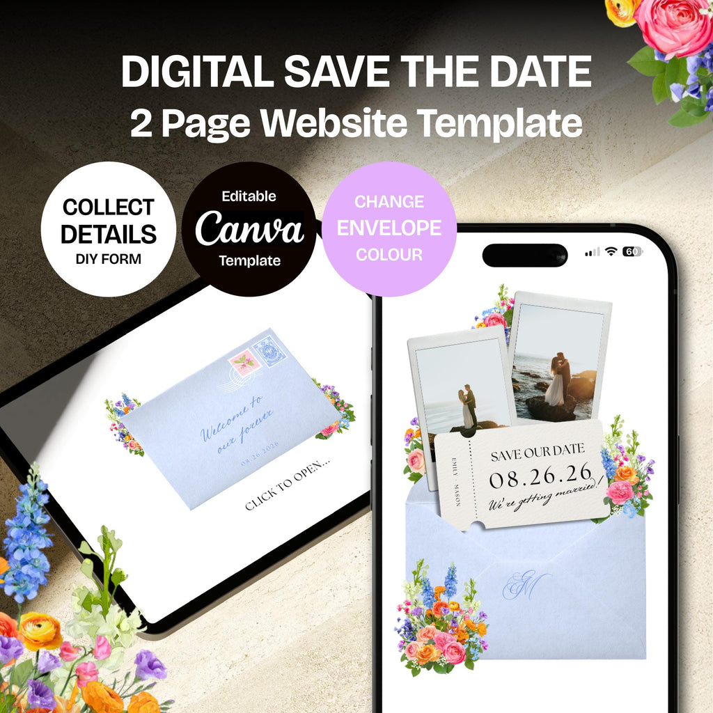 Spring Floral Save the Date Website with RSVP/Details: Canva Digital Invitation Template (Digital Download)