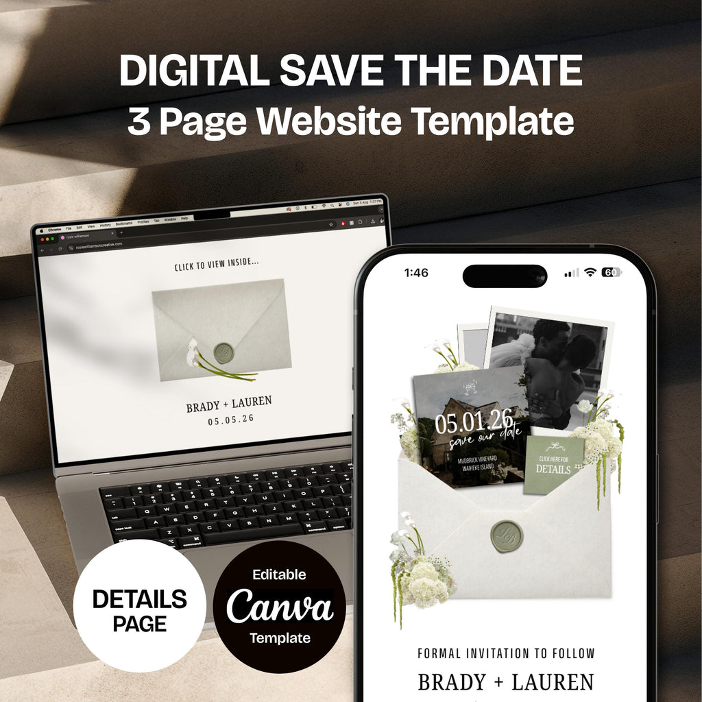 Floral Save the Date Website: Canva Wedding Invitation Template (Digital Download)