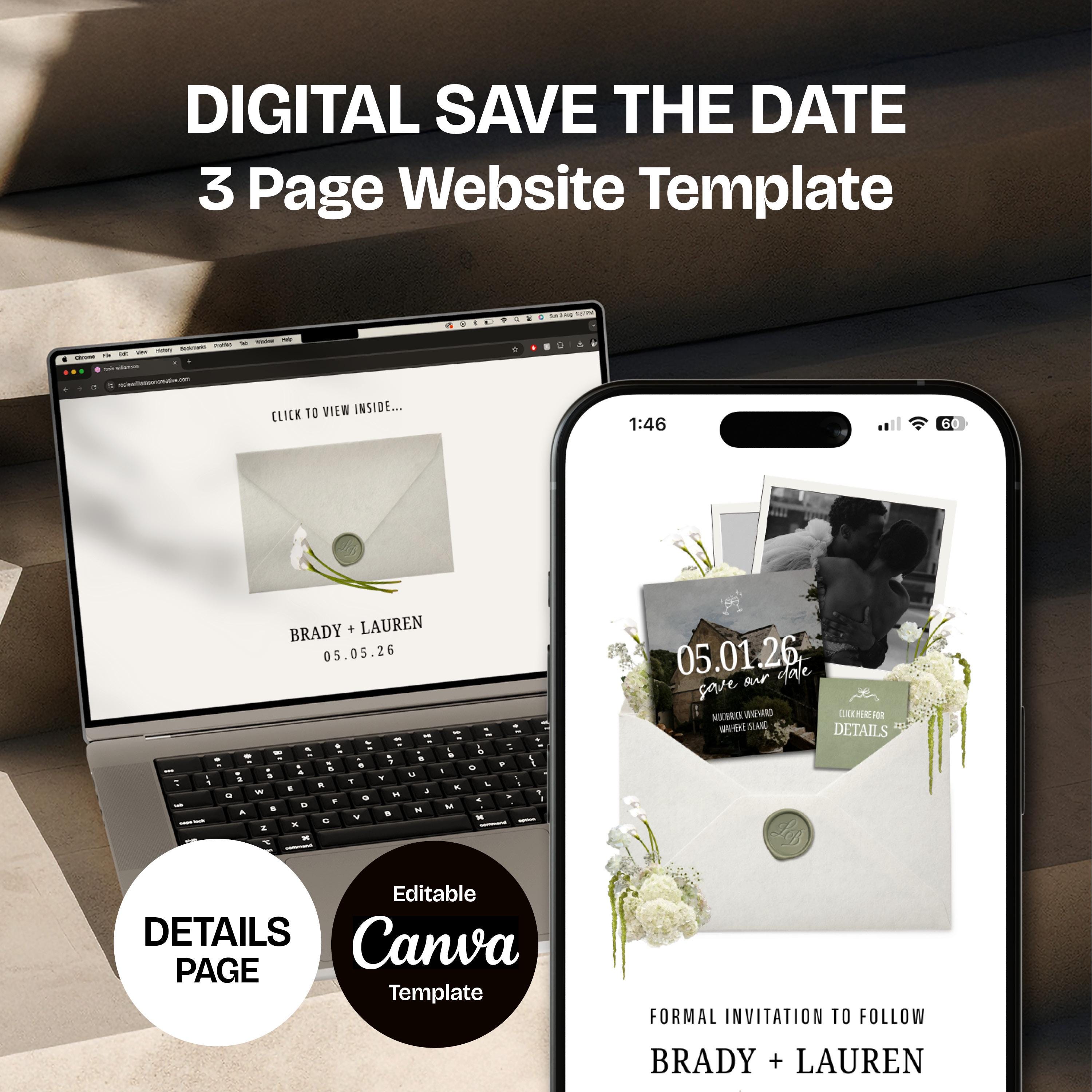 Floral Save the Date Website: Canva Wedding Invitation Template (Digital Download)