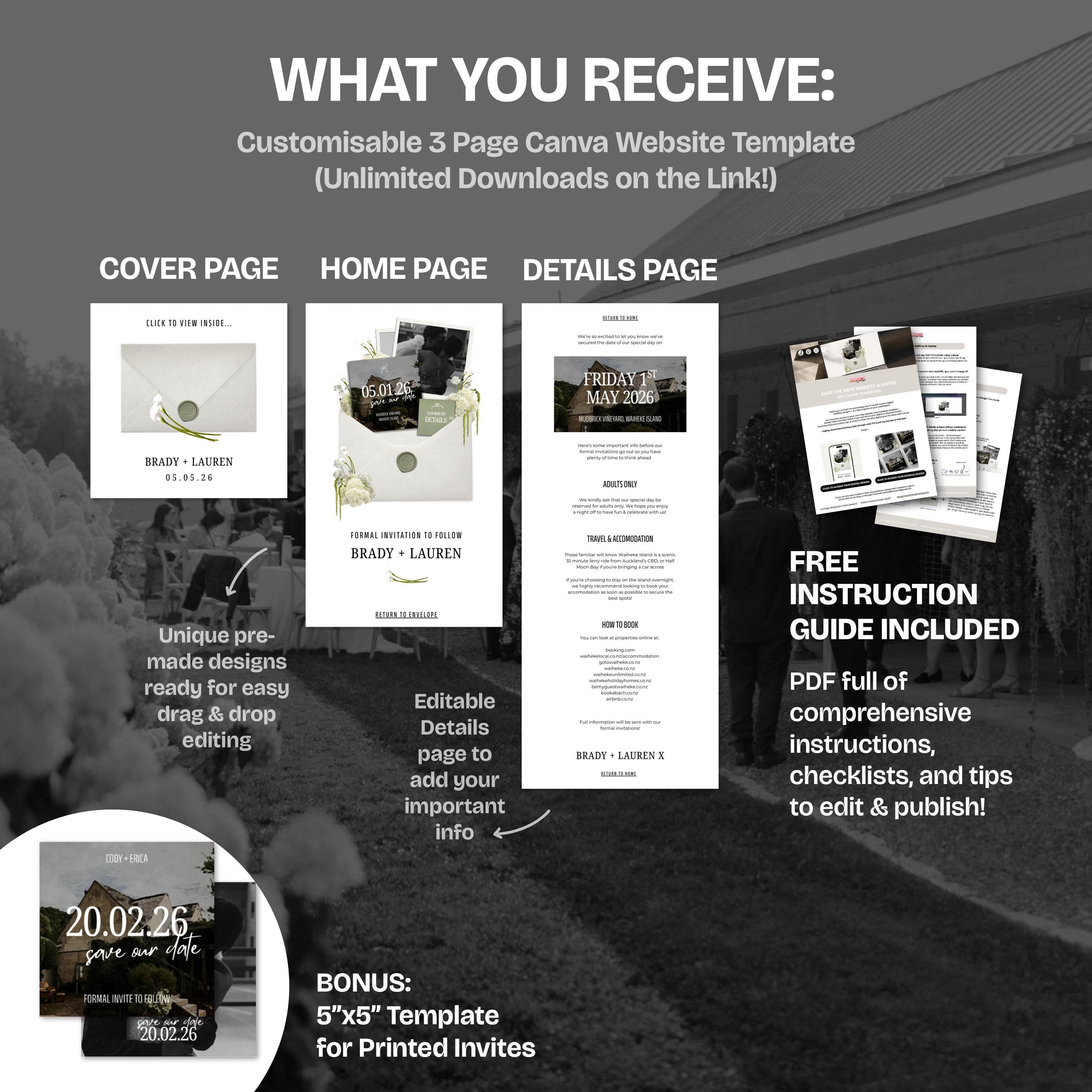 Floral Save the Date Website: Canva Wedding Invitation Template (Digital Download)