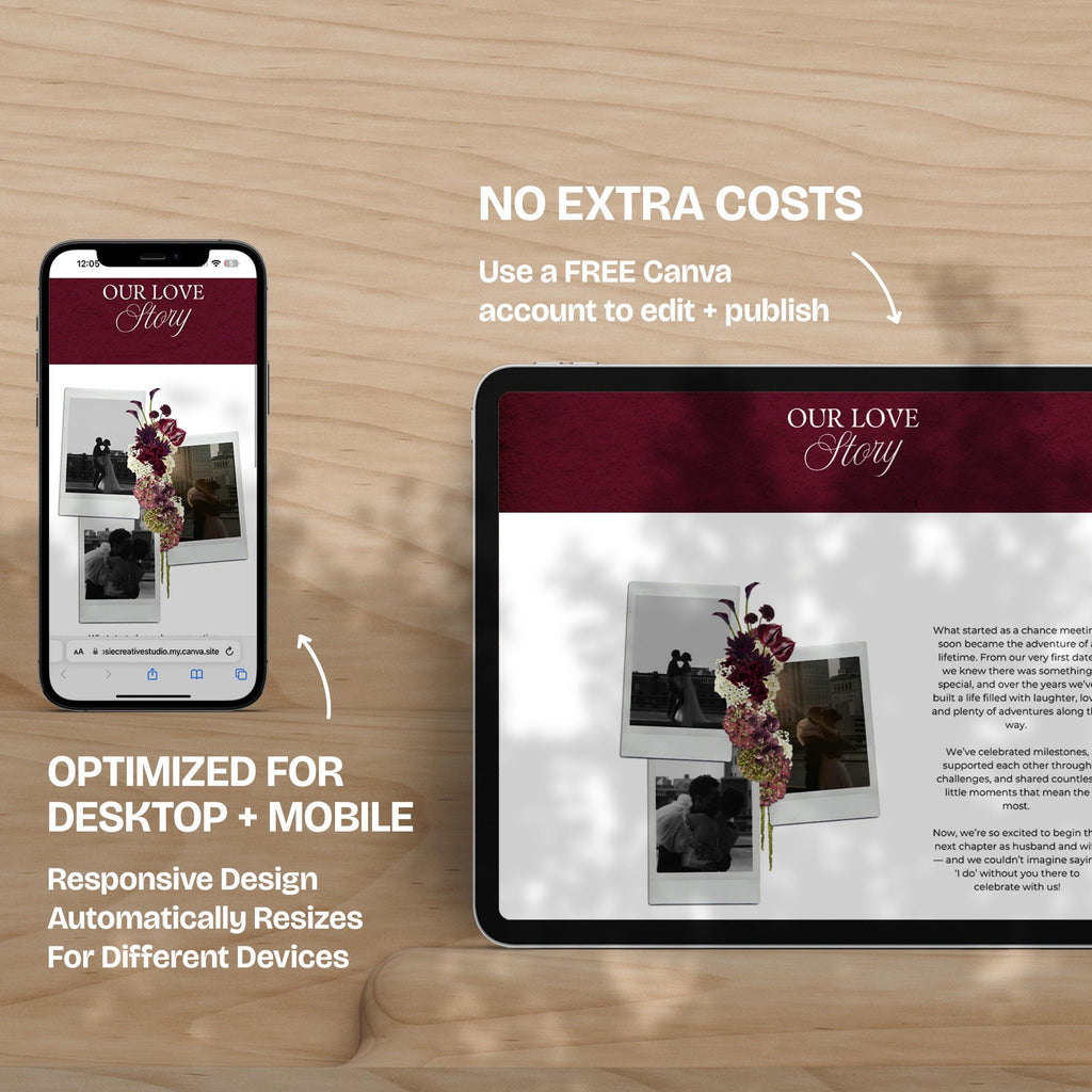 Burgundy Floral Wedding Website Template with RSVP: Editable Canva Design (Digital Download)