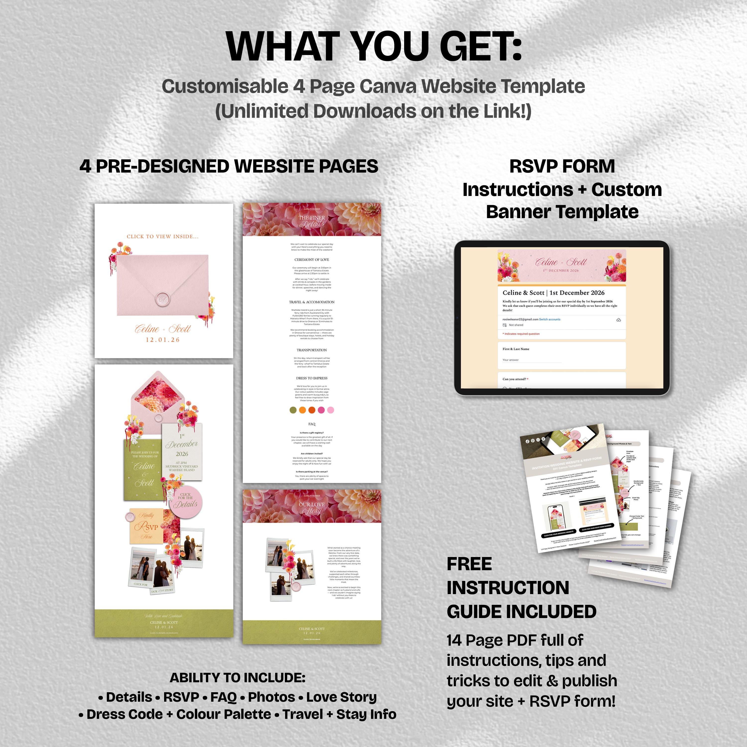 Bright Pink, Orange & Green Wedding Website Template with RSVP: Editable Canva Design (Digital Download)