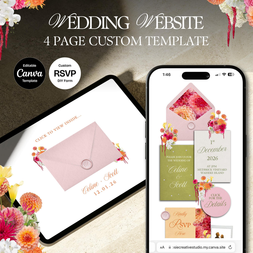 Bright Pink, Orange & Green Wedding Website Template with RSVP: Editable Canva Design (Digital Download)