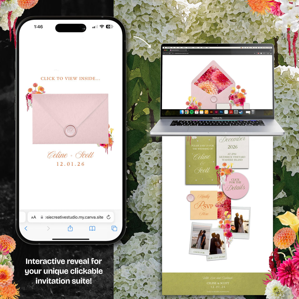 Bright Pink, Orange & Green Wedding Website Template with RSVP: Editable Canva Design (Digital Download)
