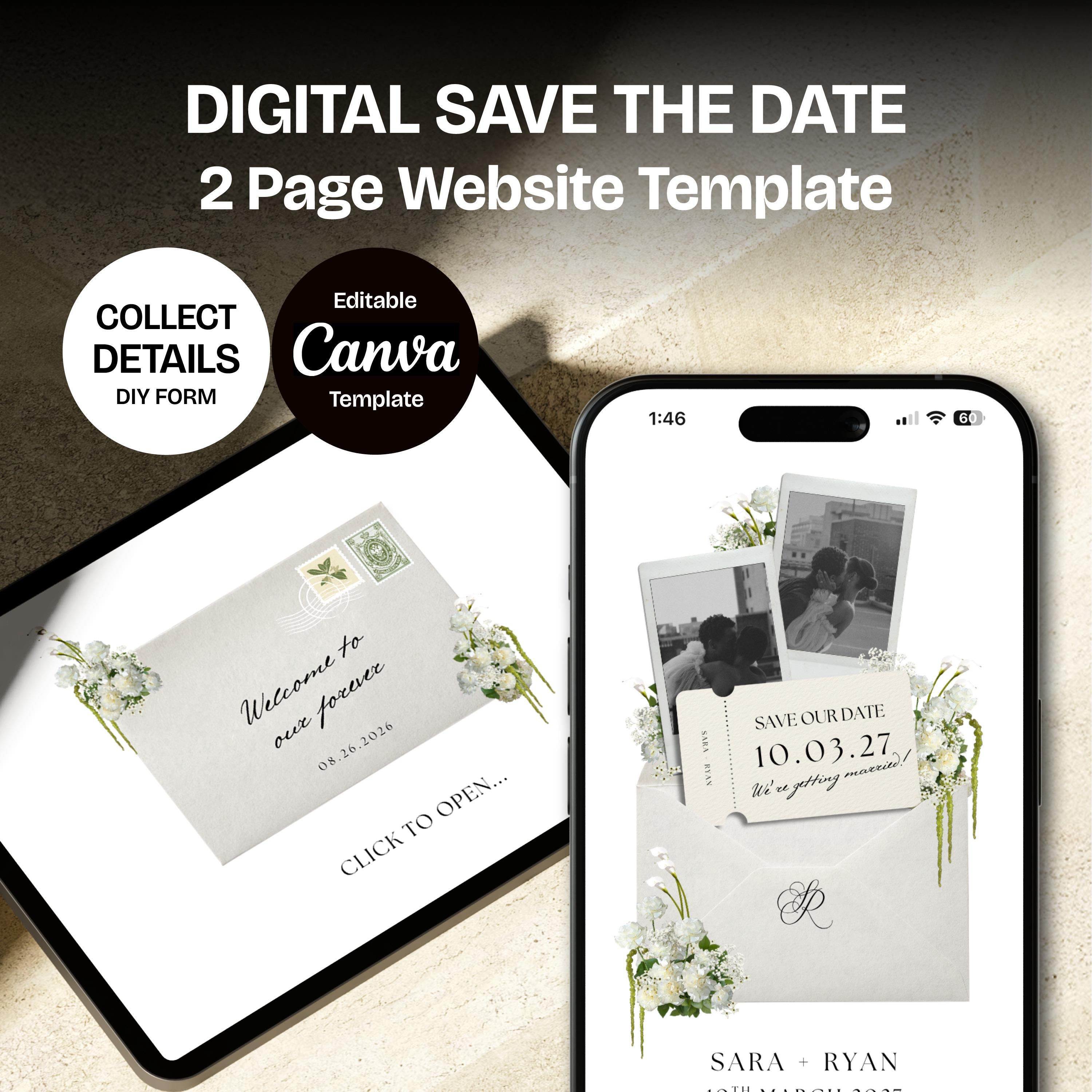 Floral Save the Date Website: Ivory Wedding Invitation (Digital Download)