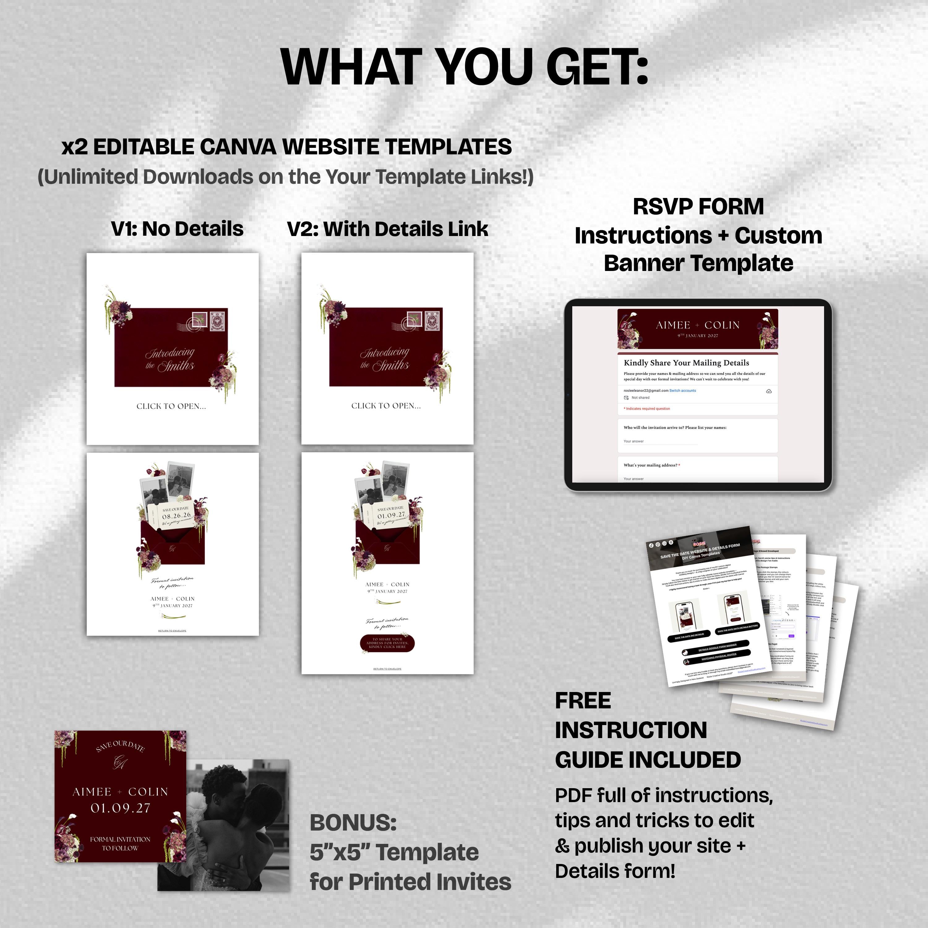 Burgundy Save the Date Website with RSVP/Details: Canva Digital Invitation Template (Digital Download)