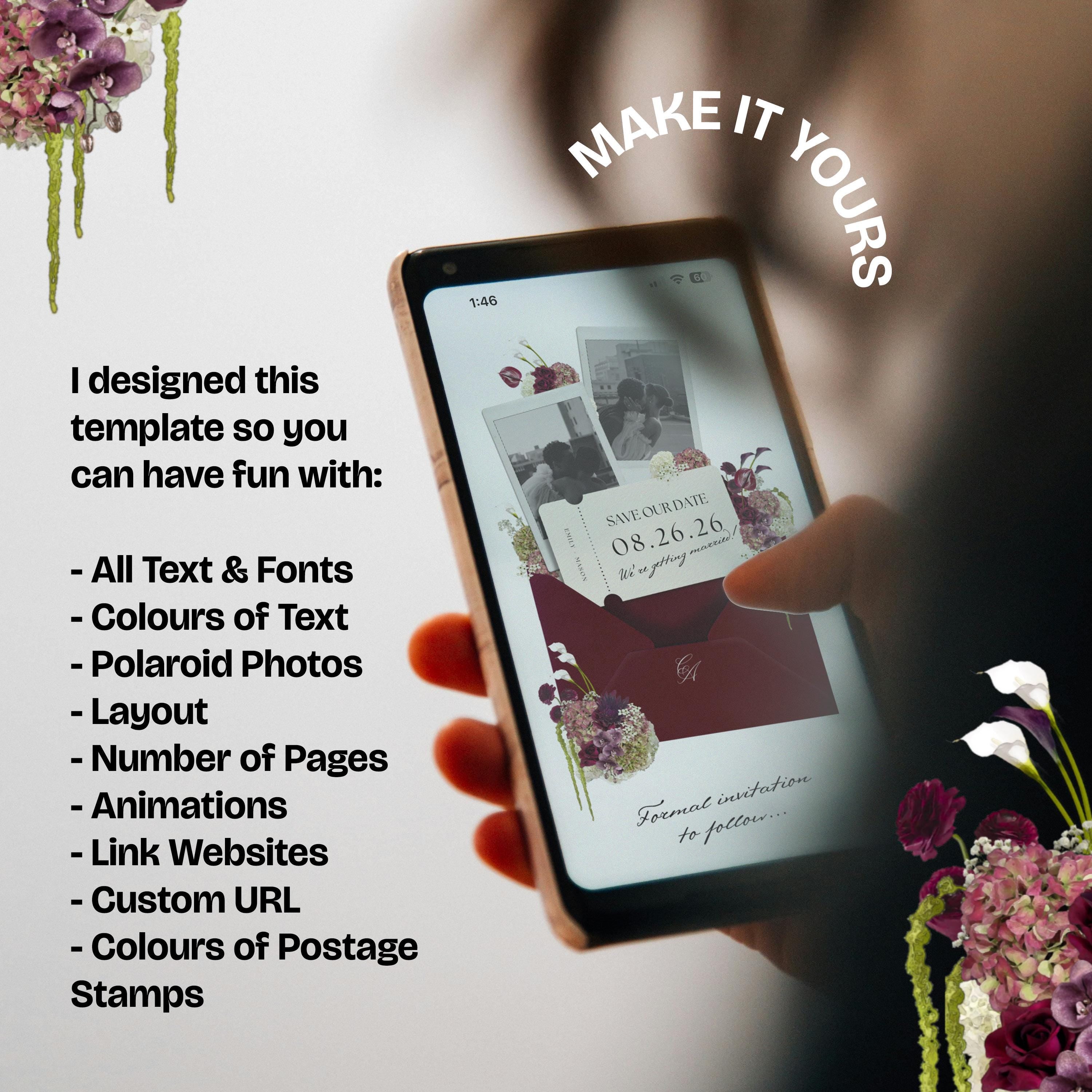Burgundy Save the Date Website with RSVP/Details: Canva Digital Invitation Template (Digital Download)
