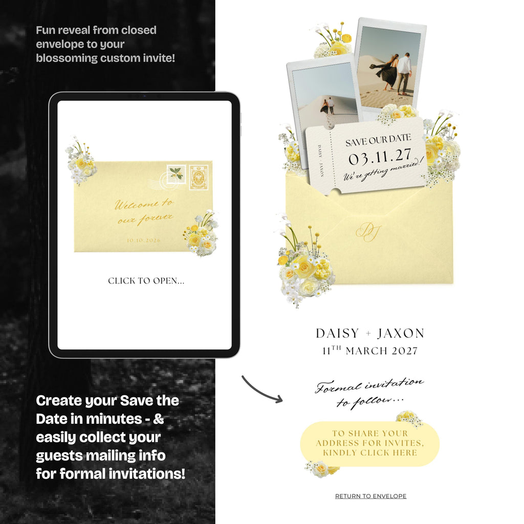 Yellow Save the Date Website with RSVP/Details: Canva Digital Invitation Template (Digital Download)