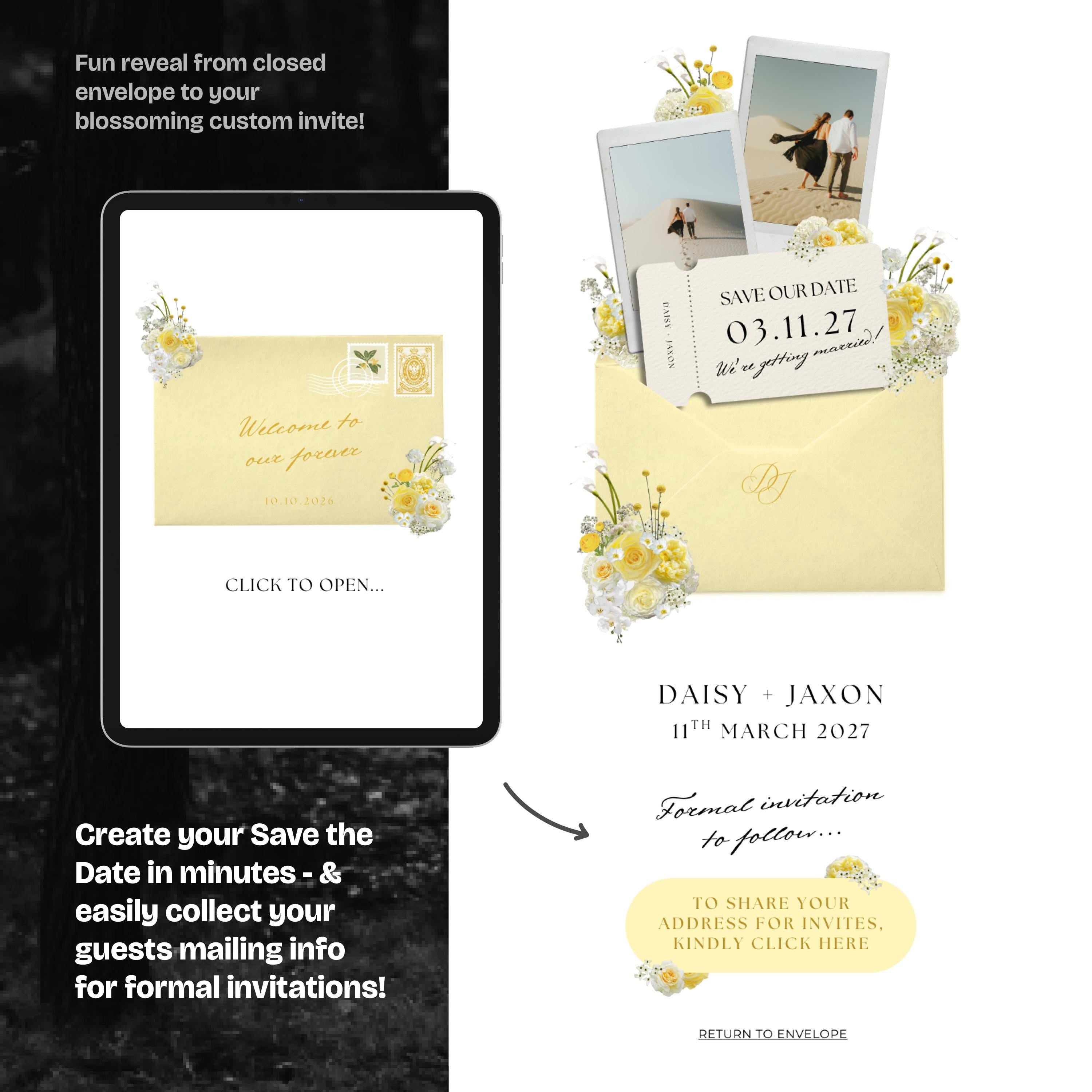 Yellow Save the Date Website with RSVP/Details: Canva Digital Invitation Template (Digital Download)