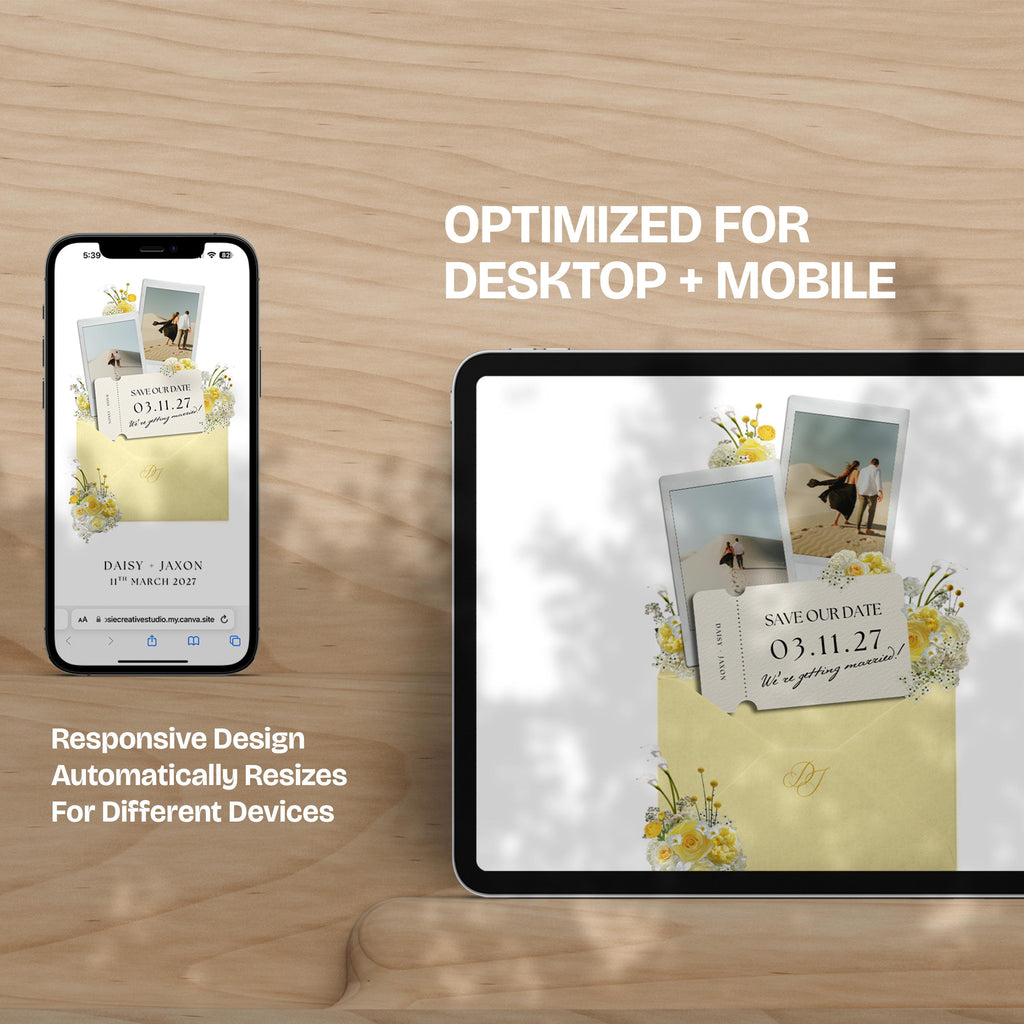 Yellow Save the Date Website with RSVP/Details: Canva Digital Invitation Template (Digital Download)