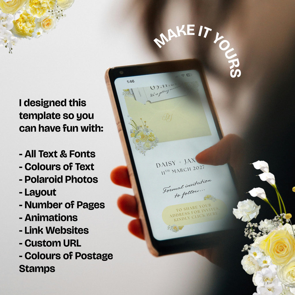 Yellow Save the Date Website with RSVP/Details: Canva Digital Invitation Template (Digital Download)