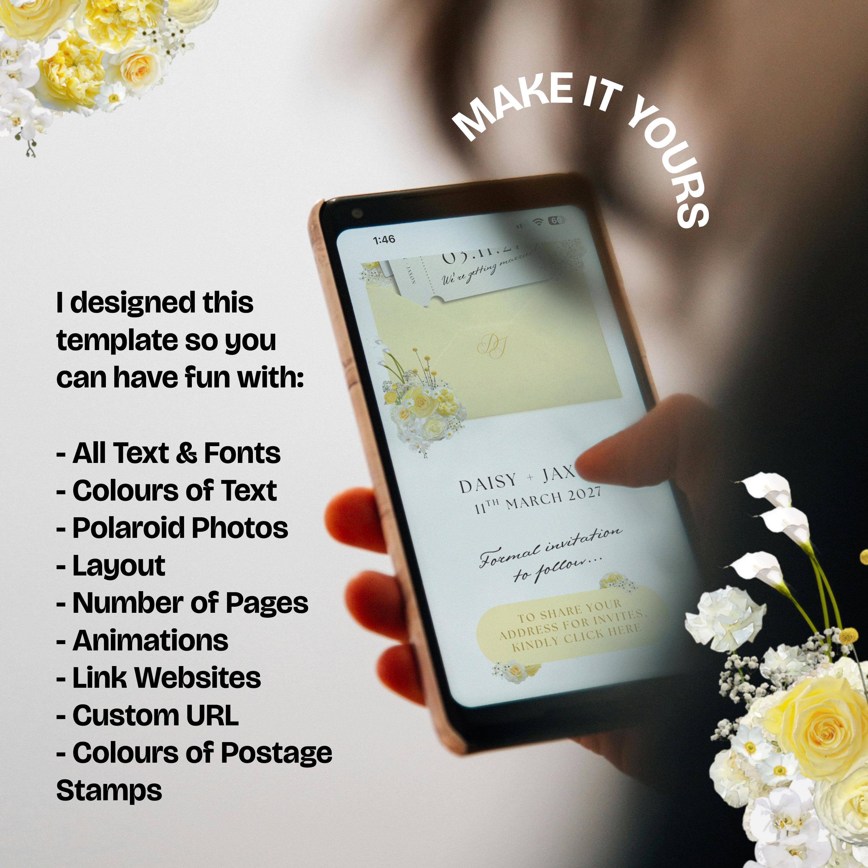 Yellow Save the Date Website with RSVP/Details: Canva Digital Invitation Template (Digital Download)