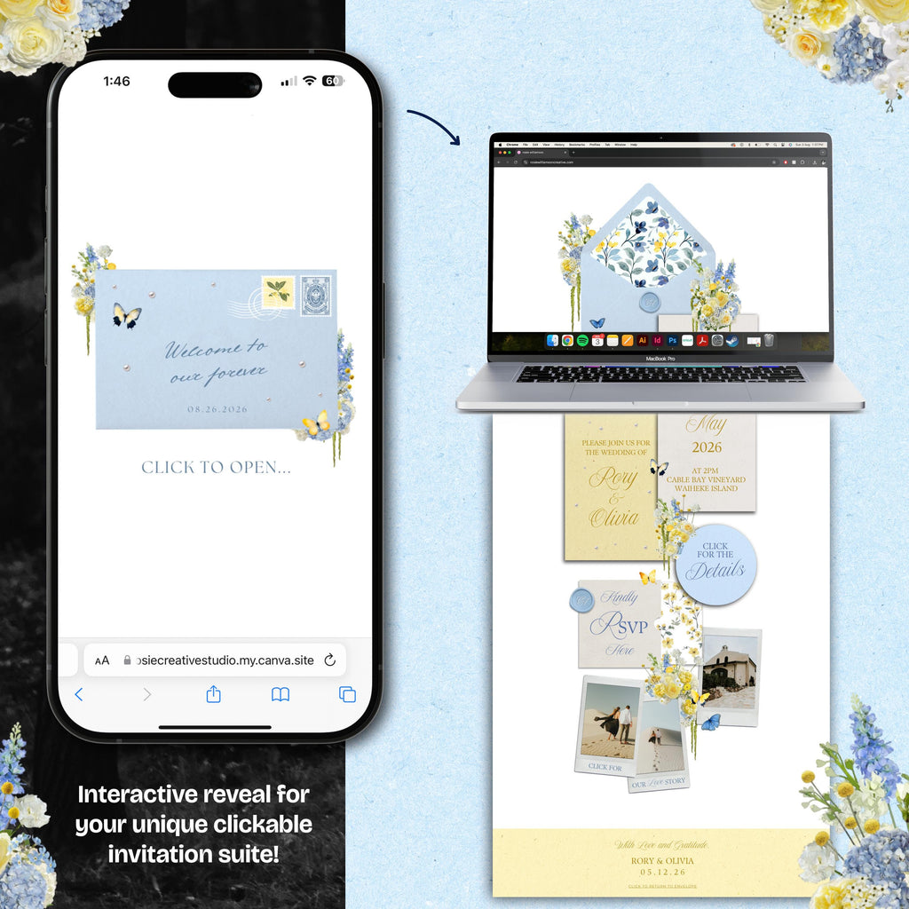 Blue & Yellow Wedding Website Template with RSVP: Editable Canva Design (Digital Download)