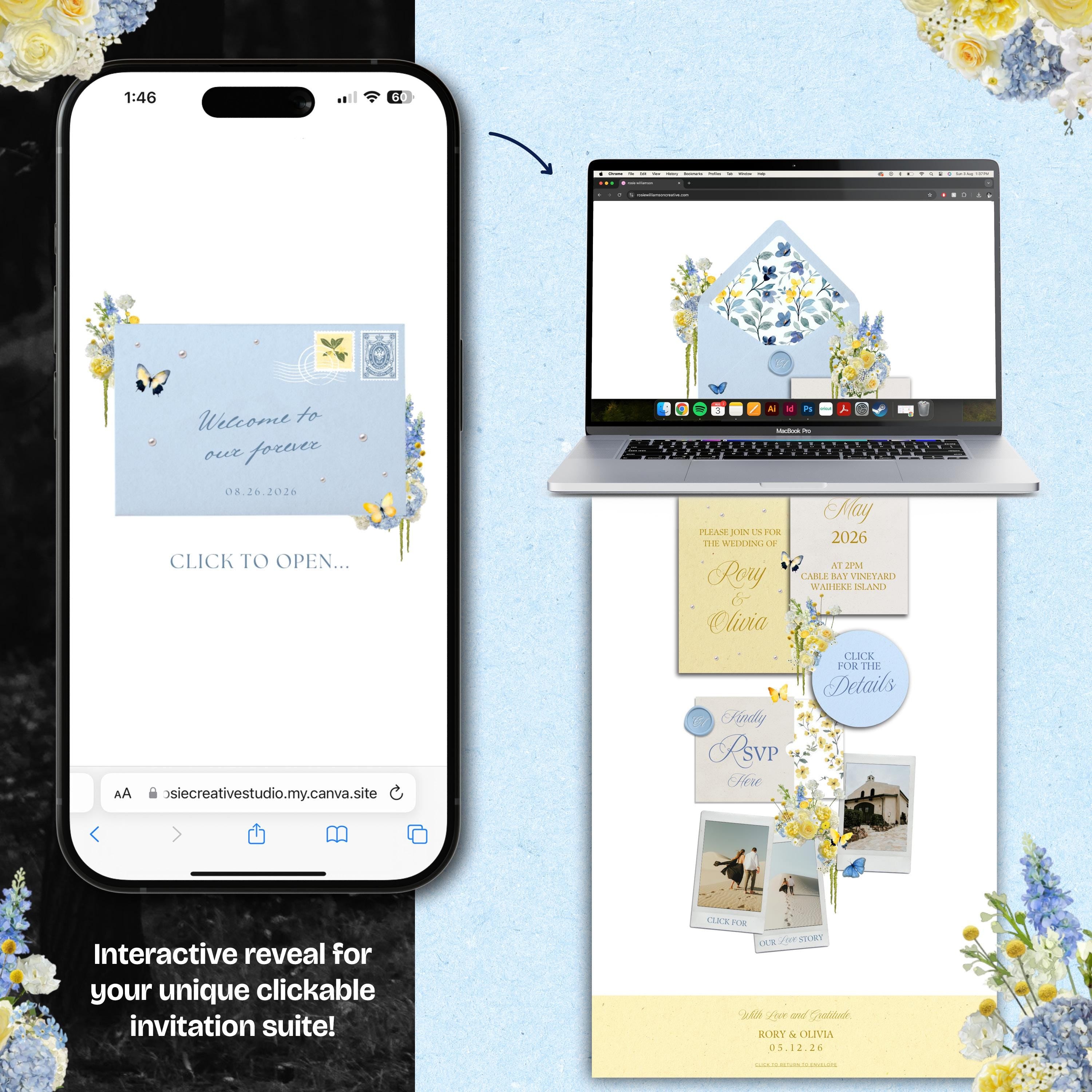 Blue & Yellow Wedding Website Template with RSVP: Editable Canva Design (Digital Download)