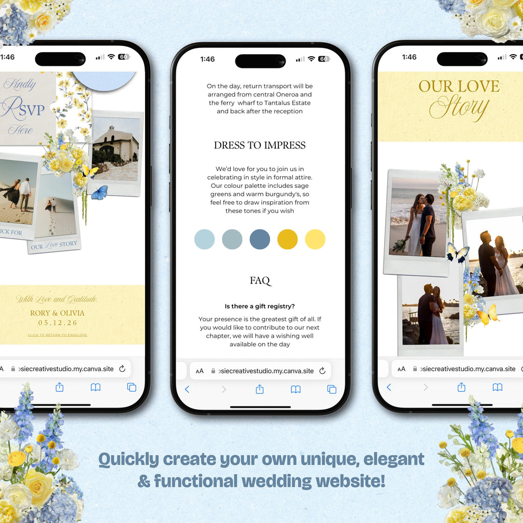 Blue & Yellow Wedding Website Template with RSVP: Editable Canva Design (Digital Download)