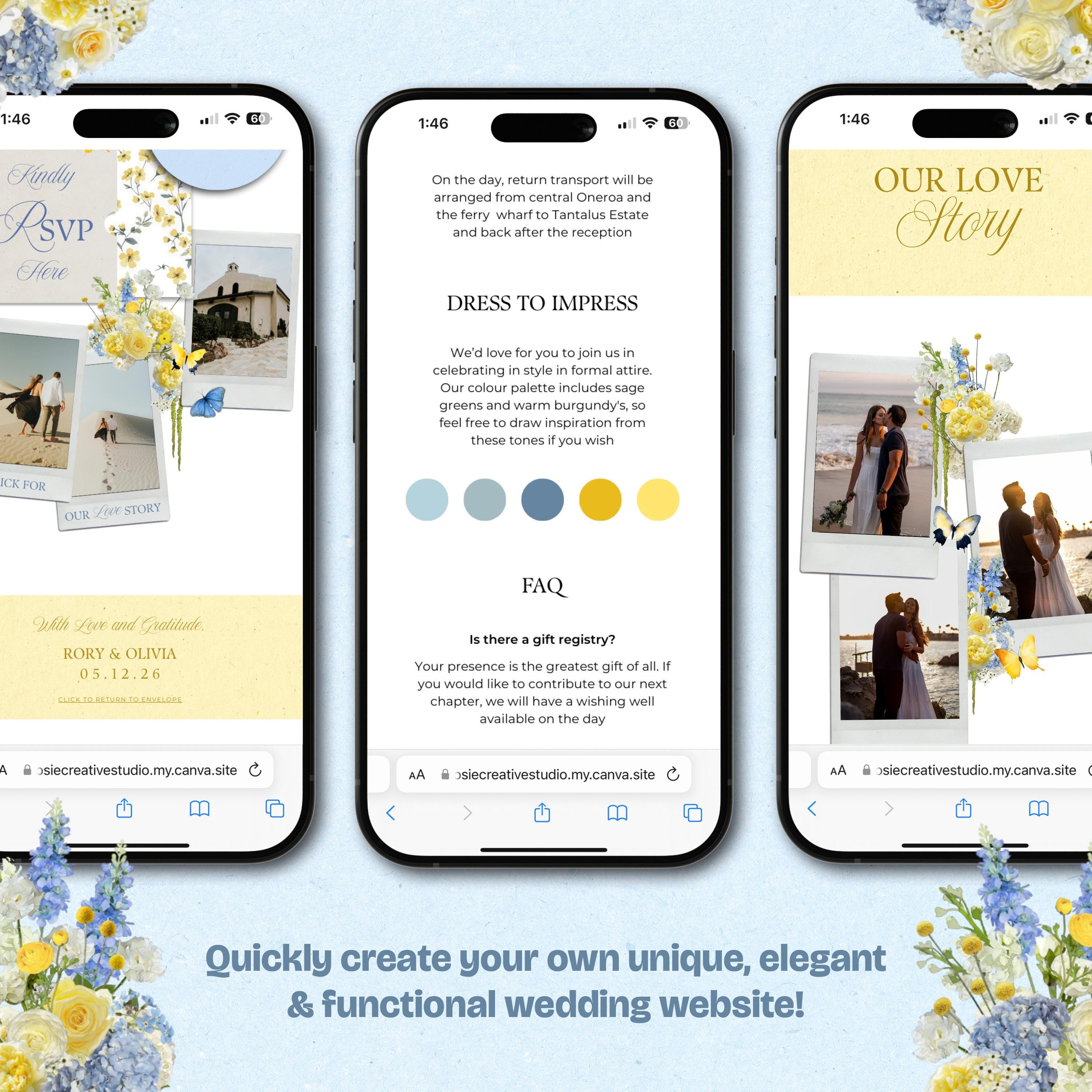 Blue & Yellow Wedding Website Template with RSVP: Editable Canva Design (Digital Download)