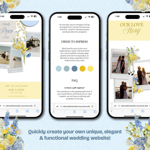 Blue & Yellow Wedding Website Template with RSVP: Editable Canva Design (Digital Download)