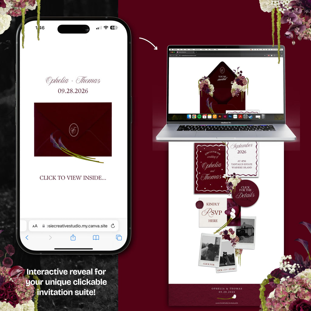 Burgundy Floral Wedding Website Template with RSVP: Editable Canva Design (Digital Download)