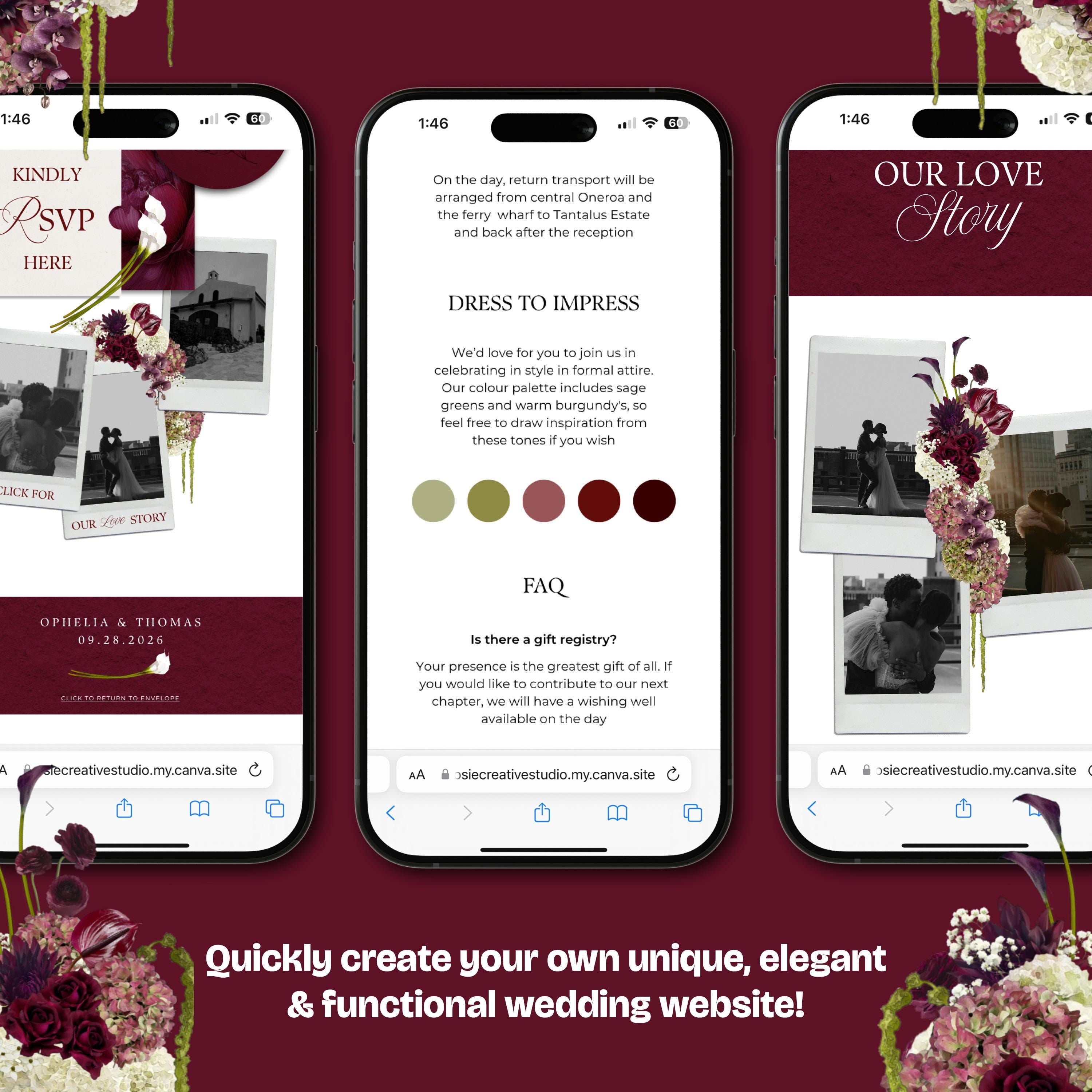 Burgundy Floral Wedding Website Template with RSVP: Editable Canva Design (Digital Download)