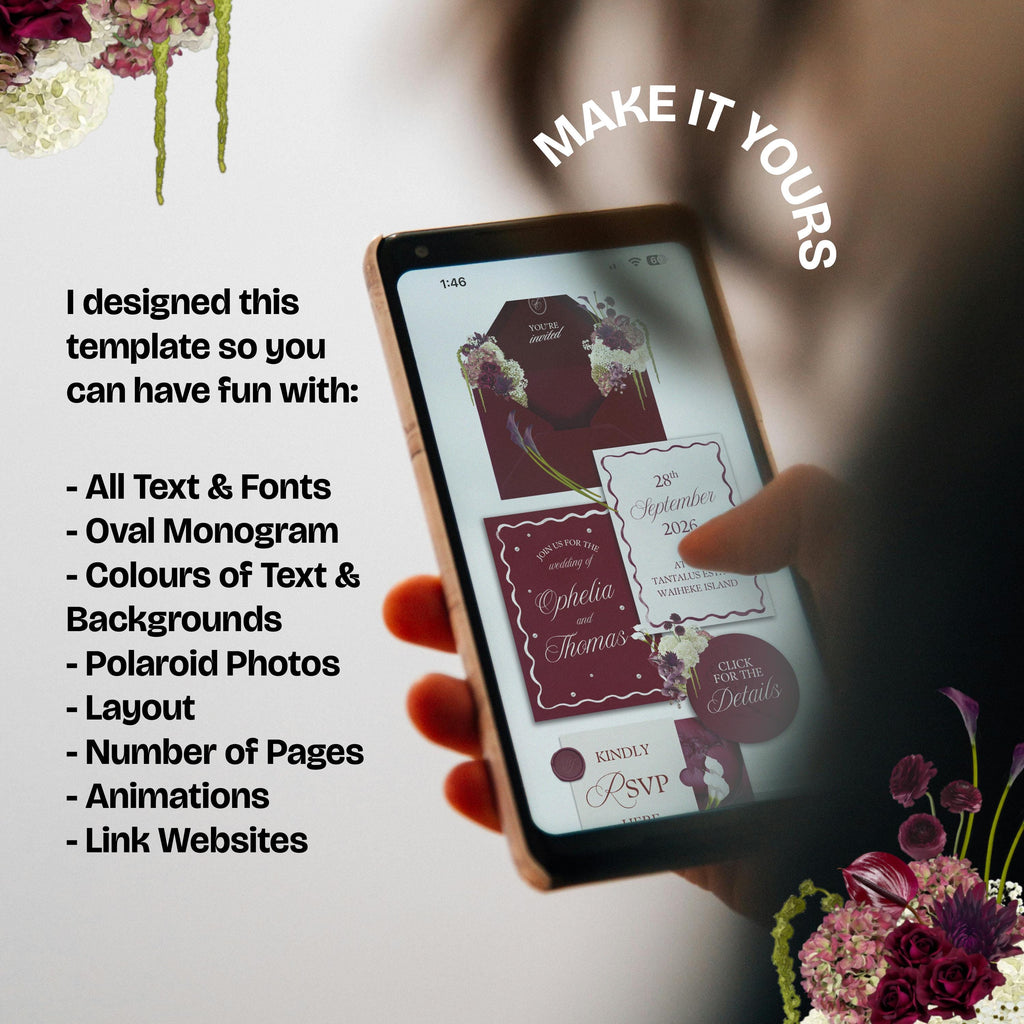 Burgundy Floral Wedding Website Template with RSVP: Editable Canva Design (Digital Download)