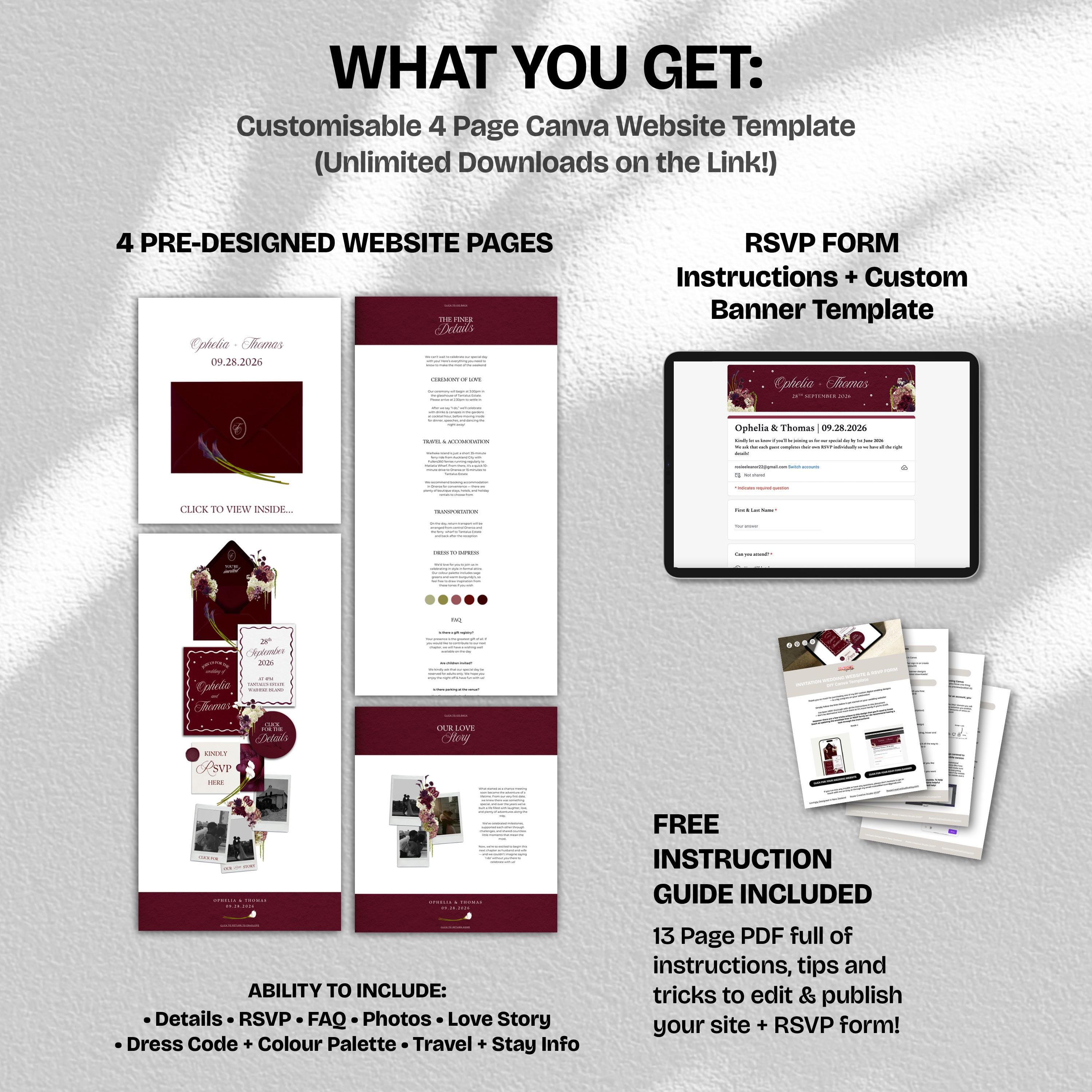 Burgundy Floral Wedding Website Template with RSVP: Editable Canva Design (Digital Download)