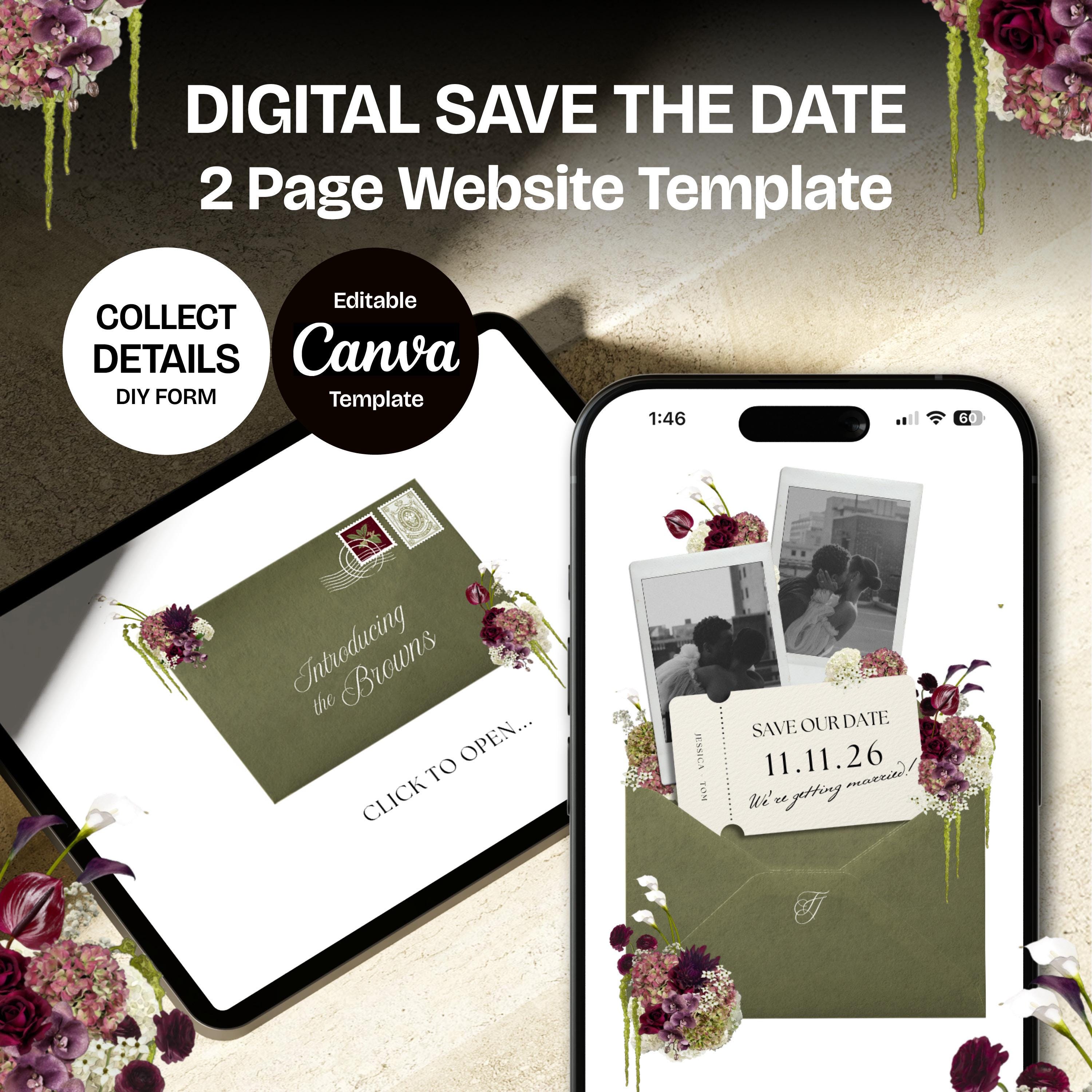 Olive Green & Burgundy Save the Date Website with RSVP/Details: DIY Canva Template (Digital Download)