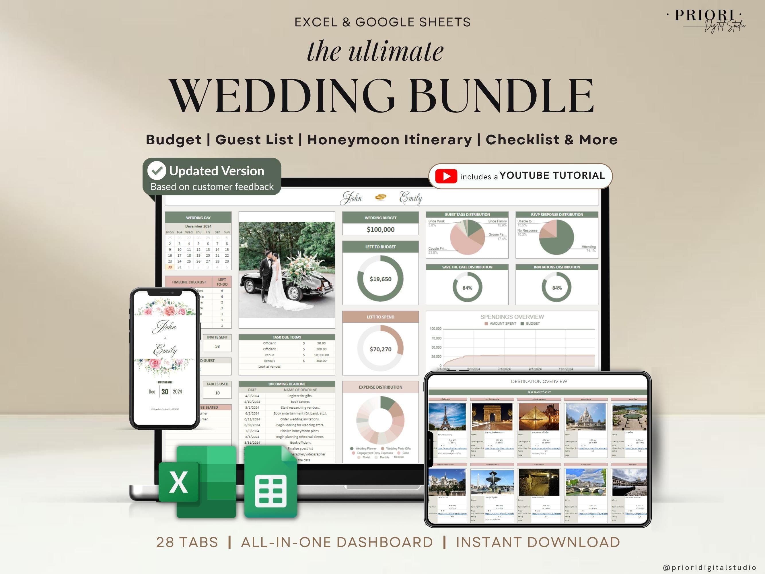 Wedding Planner Spreadsheet Wedding Budget Tracker Honeymoon Planner Checklist Guest List Tracker Wedding Travel Itinerary Seating Plan